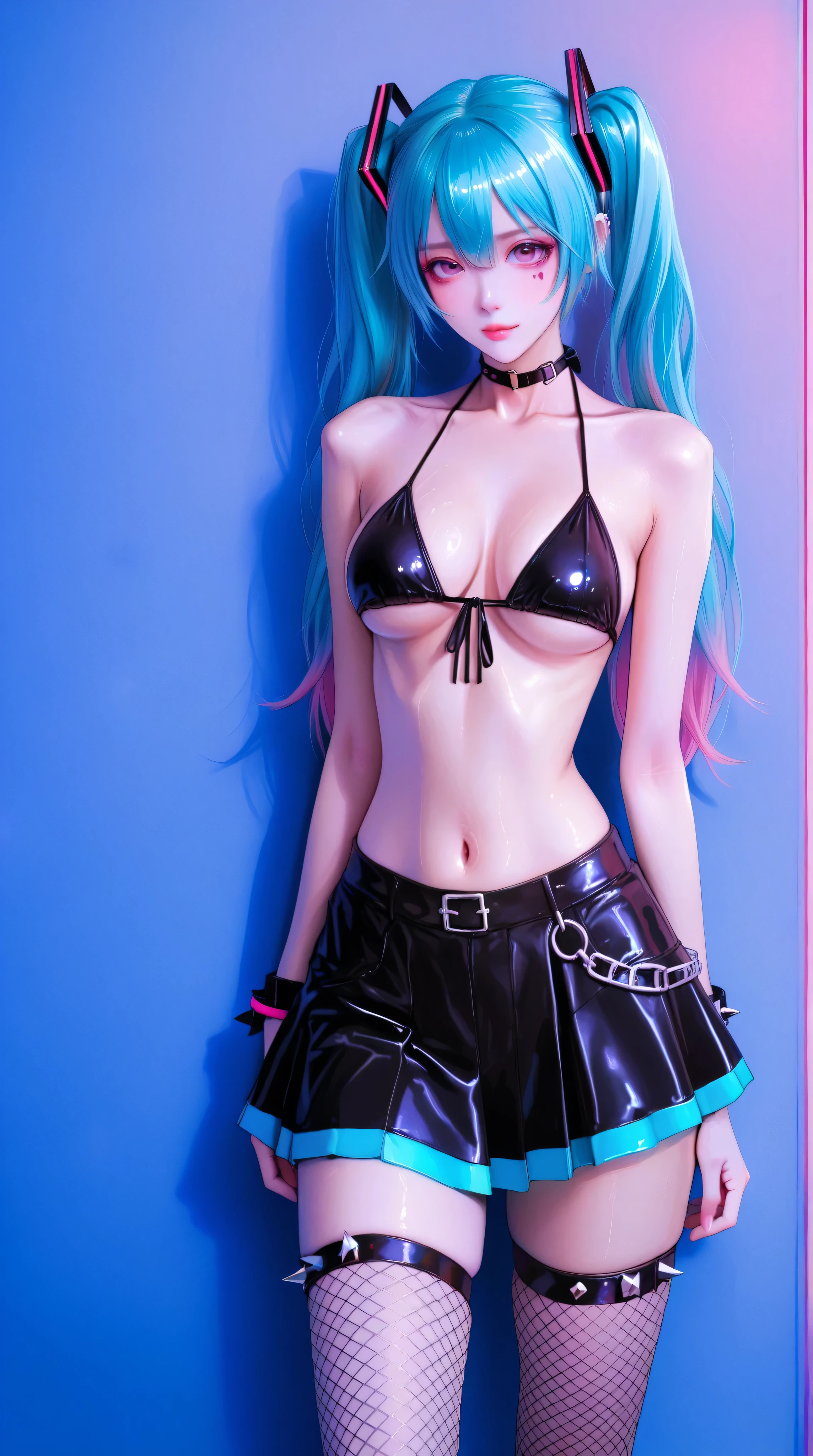 ((Hatsune Miku)), heavy blushing, blue hair, pink eyes, seductive expression, lewd, ecchi, multicolored hair, underboob, cyberpunk, punk, neon skirt, athletic, choker, rave, wristband, sexy, submissive, natural lighting, ambient occlusion, anisotropic filtering, portrait, Kizi,Highly detailed, Amazing work,Vitreous luster,((clean backdrop)),In blue,pink colors,purple color,Best quality at best,clean backdrop, shiny skin, goth, plunging neckline, perfect breasts, cleavage, purple background, pink background, blue background, standing, contrapposto, purple fishnet stockings,