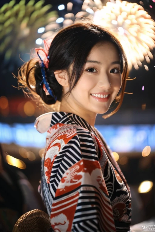 ((masterpiece(:1.4)，Highest quality，Ultra-high resolution，Highest quality，8k，Extremely detailed，In detail))。night，Fireworks display，Summer festival，Japanese，Female college student，Big Breasts，Yukata，Hair tying，hair ornaments，hairpin，Drawstring bag，geta，cute，Clear，(Fireworks displayのnightに河川敷で花火を背景にしたスナップ写真)，Hyper Quality