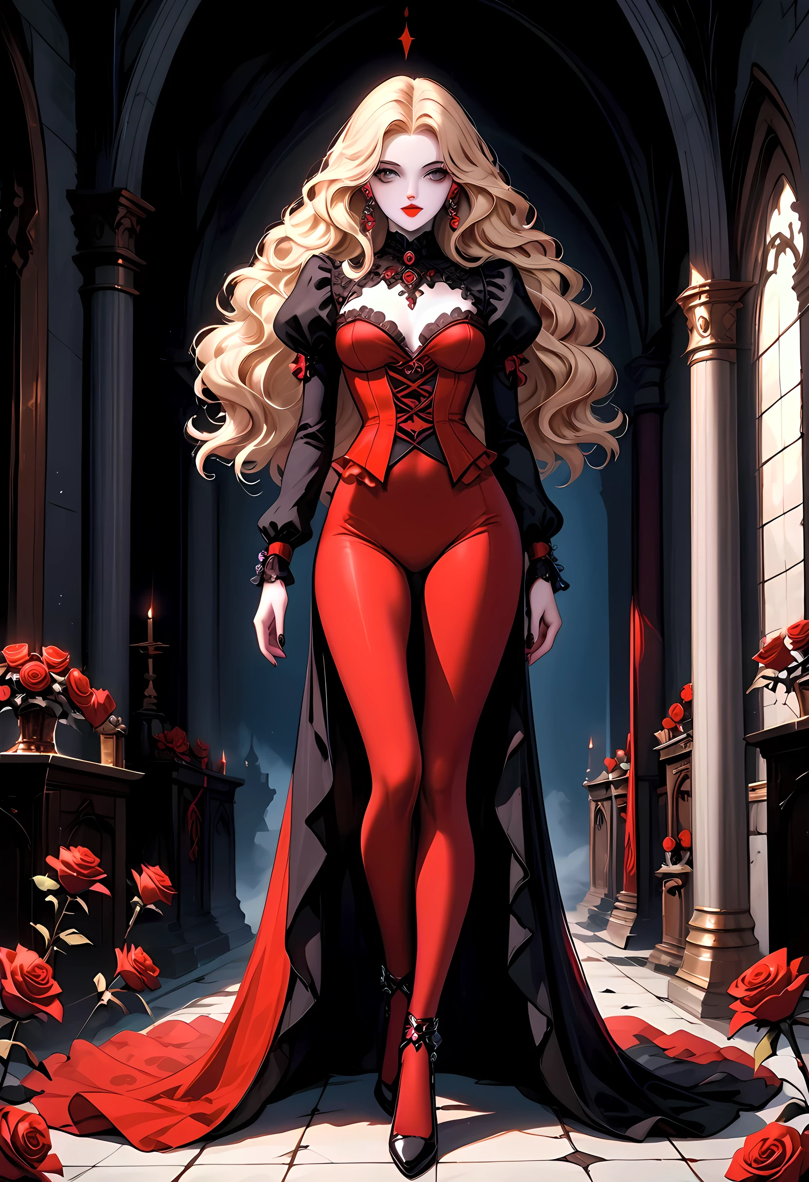 modisn disney, Arafed,  Dark fantasy art, fantasy art, goth art, a picture of a goth woman, pale white skin, blond hair, Ultra detailed face, Best Detailed face, long hair, wavy hair, grey eyes, she wears a (red: 1.3) red tight suit, the roses are imprinted on the suit (black: 1.4) black roses, high heels, full body shot, dark glamour shot, dark castle, dark, black and color, PASTELGOTH, 