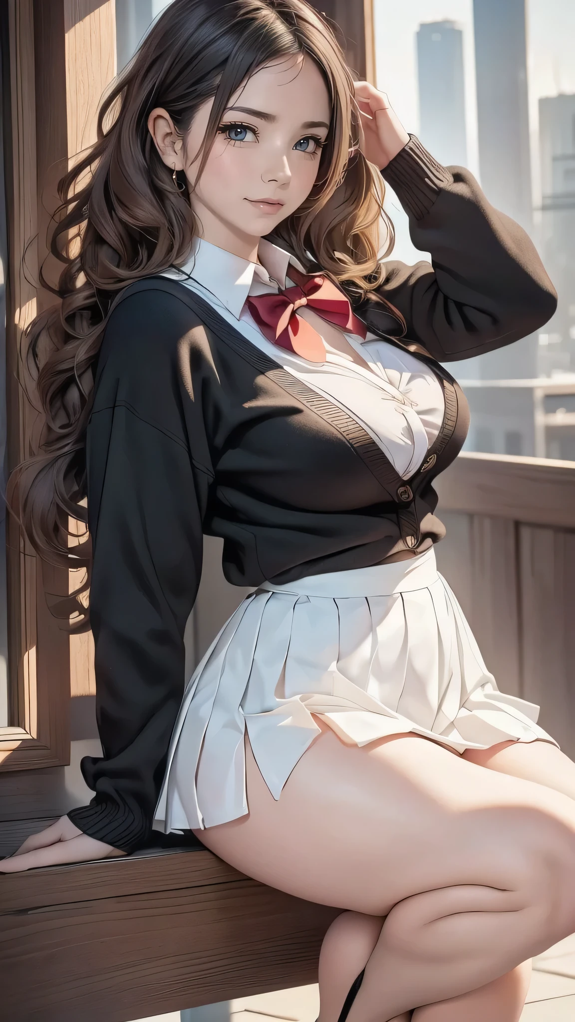 (masterpiece:1.2, highest quality), (realistic, photorealistic:1.4), beautiful illustrations, (natural side lighting, movie lighting), , 
looking at the viewer, 1 girl, , high school girl, perfect face, Cute symmetrical face, shiny skin, 
(short hair:1.5, curly hair:1.5, ((very long back hair)), light brown hair), crossed bangs, brown eyes, Big eyes, slanted eyes, long eyelash, (big breasts, curvy waist, big ass), Glamour, 
beautiful hair, beautiful face, detailed and beautiful eyes, beautiful clavicle, beautiful body, beautiful breasts, beautiful thighs, beautiful feet, beautiful fingers, 
((Long sleeve black cardigan, white collared shirt, black pleated mini skirt), dark red bow tie), 
(beautiful scenery), morning, (outdoor), walk, (cute smile, upper eye, parted lips),