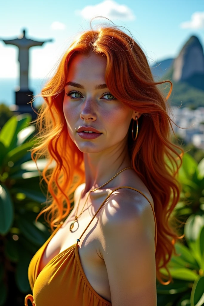 comic book art style, hyperrealistic, photorealistic, 32k, Algarve, Albufeira, Portugal, straight long ginger hair
