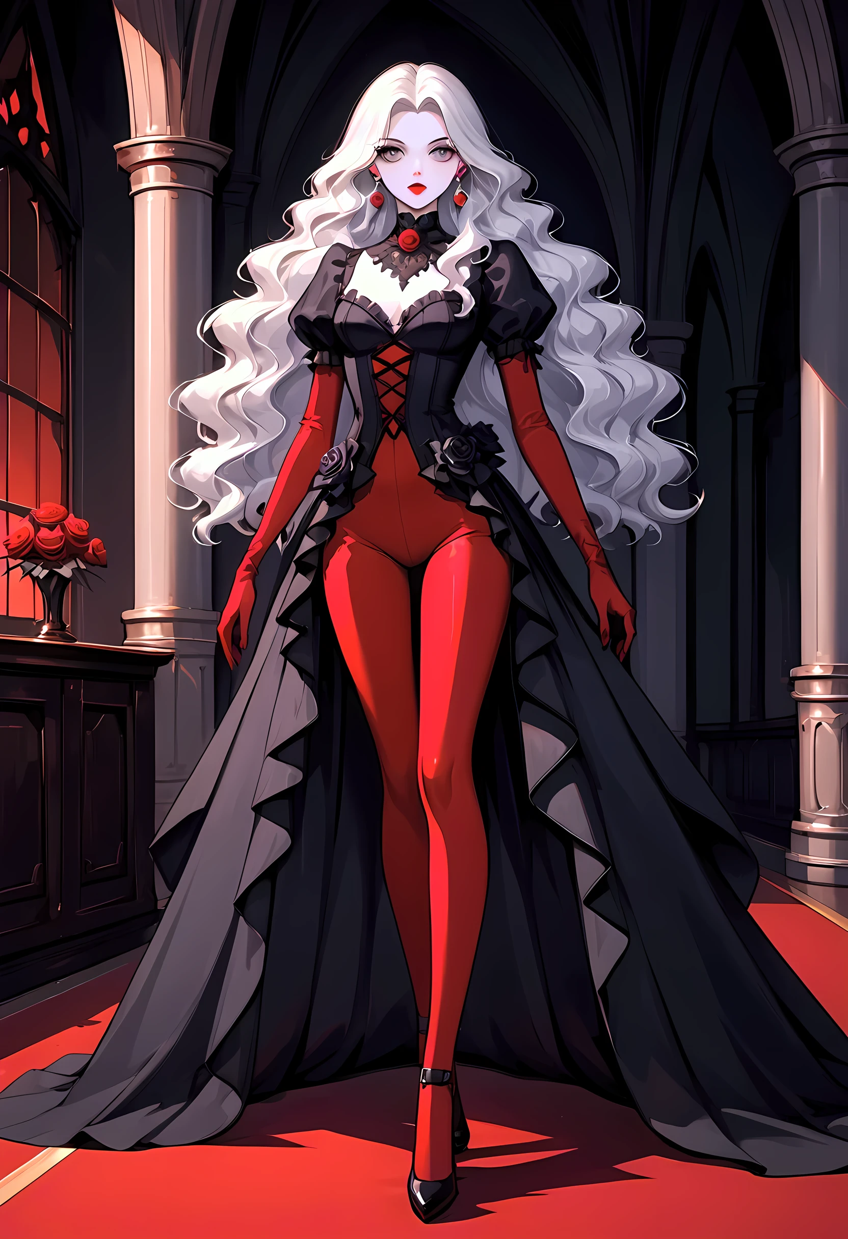 modisn disney, Arafed,  Dark fantasy art, fantasy art, goth art, a picture of a goth woman, pale white skin, blond hair, Ultra detailed face, Best Detailed face, long hair, wavy hair, grey eyes, she wears a (red: 1.3) red tight suit, the roses are imprinted on the suit (black: 1.4) black roses, high heels, full body shot, dark glamour shot, dark castle, dark, black and color, PASTELGOTH, 