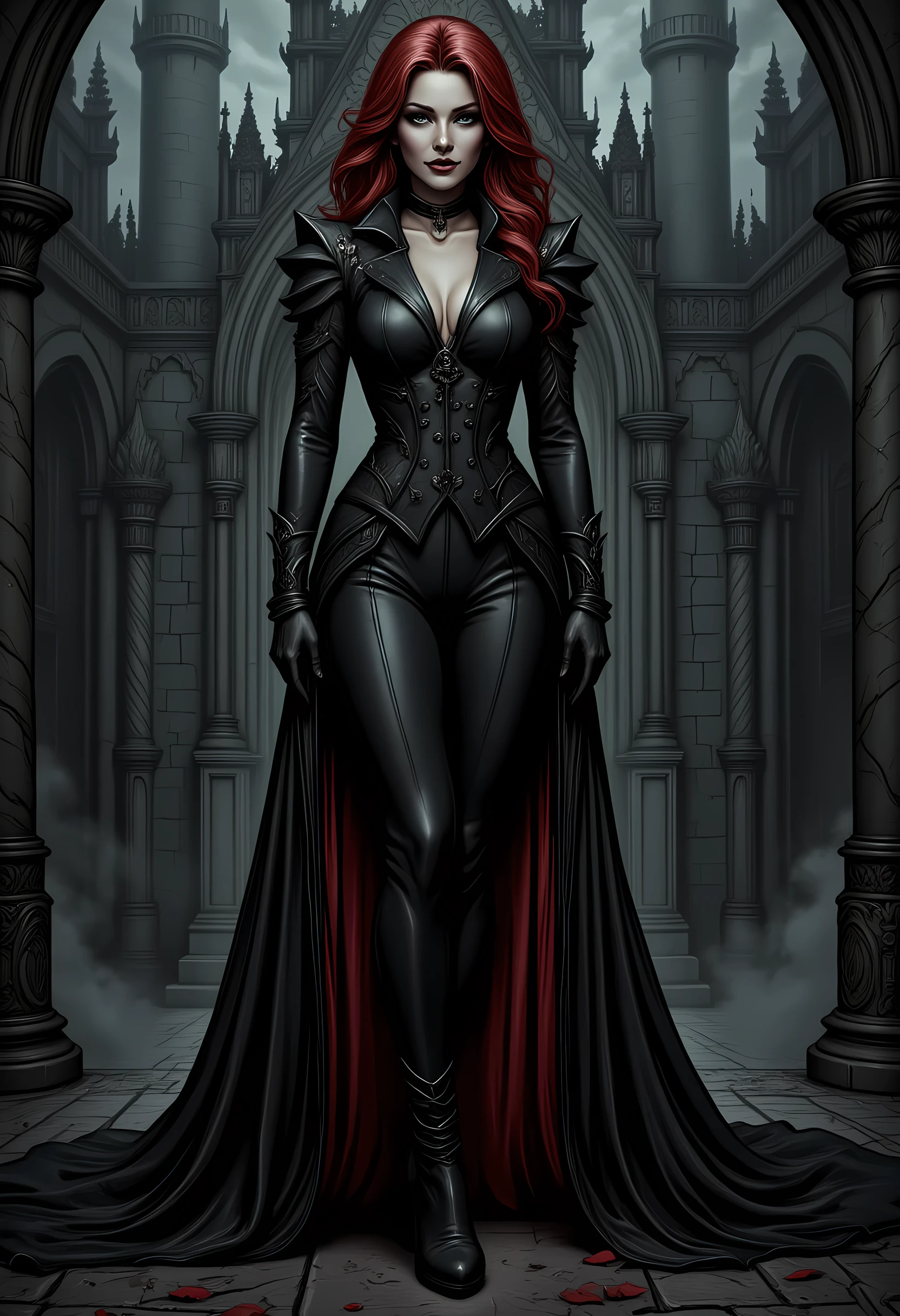 Arafed, Dark fantasy art, fantasy art, goth art, a picture of a goth woman, pale white skin, red hair, Ultra detailed face, Best Detailed face, long hair, wavy hair, grey eyes, she wears a (red: 1.3) black tight suit, the roses are imprinted on the suit (black: 1.4) black roses, high heels, full body shot, dark glamour shot, dark castle, dark, black and color, Art Deco, hyp3rd3tail style