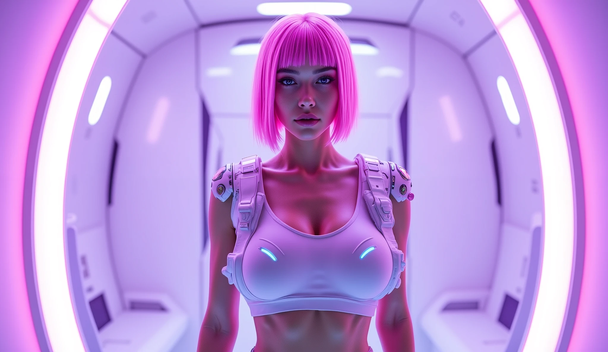 A beautiful French woman with straight pink hair and a small head. Her glowing realistic skin texture subtly reflects the light. She wears a white ceramic sports underwear set and a futuristic shoulder harness decorated with intricate accessories and turquoise accents. A minimalist ceramic thong highlights the beauty of minimalism. She is standing in a spaceship lit with soft neon lights, where the white and violet hues create a stunning contrast. The lighting enhances her exquisite resolution and sharp focus. Full-body shot, showcasing her proportions and harmonious stance.