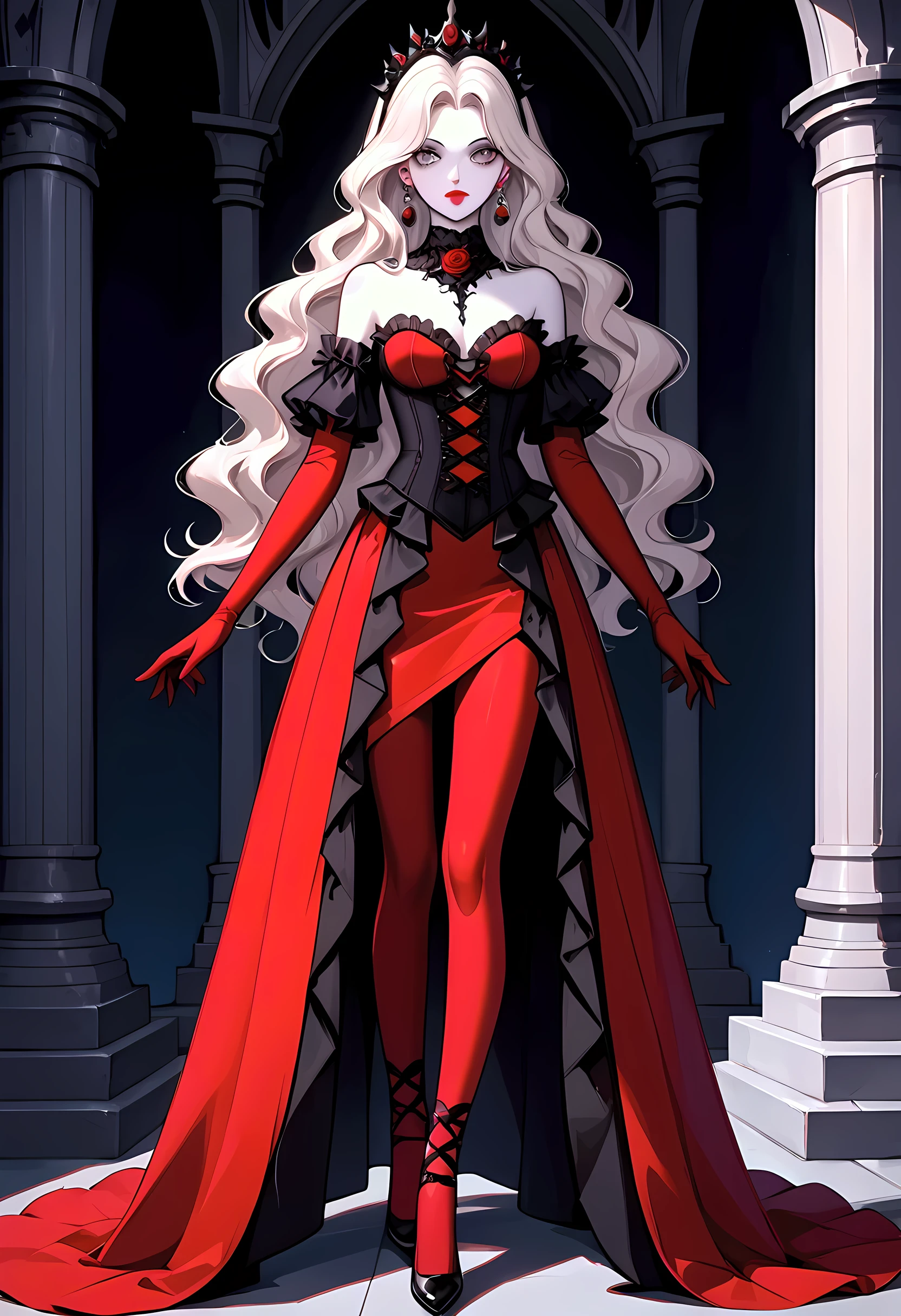 modisn disney, Arafed, Dark fantasy art, fantasy art, goth art, a picture of a goth woman, pale white skin, blond hair, Ultra detailed face, Best Detailed face, long hair, wavy hair, grey eyes, she wears a (red: 1.3) red tight dress, the roses are imprinted on the suit (black: 1.4) black roses, high heels, full body shot, dark glamour shot, dark castle, dark, black and color, PASTELGOTH,