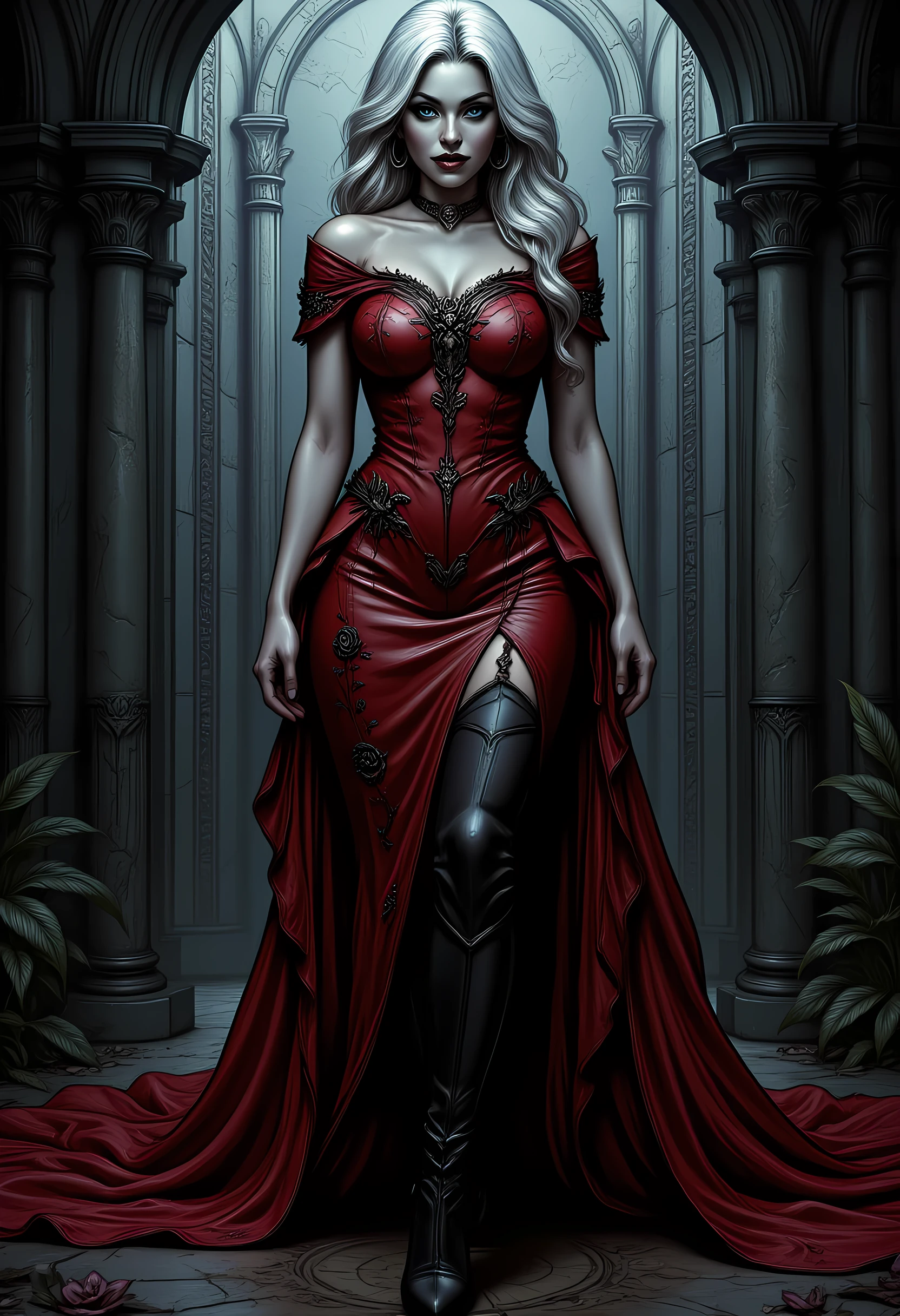 Arafed, Dark fantasy art, fantasy art, goth art, a picture of a goth woman, pale white skin, white hair, Ultra detailed face, Best Detailed face, long hair, wavy hair, blue eyes, she wears a red leather dress, there are roses are imprinted on the suit (black: 1.4) black roses, high heels, full body shot, dark glamour shot, dark castle, dark, black and color, Art Deco, hyp3rd3tail style