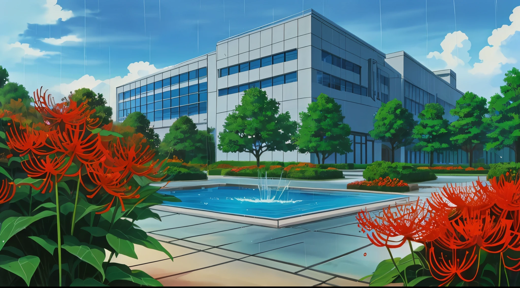 (Rainy sky) (Raindrops Falling) (Afternoon) (Grey Sky)
(80’s Anime) (Classic) (Vintage) (Retro)
1980’s Japan High School is a huge broad campus of several grey buildings built in a contemperary architecture.
There is a small rectangle garden of Higanbana (Red Spider Lily) flowers. Close by the Parking Lot
There is a small circular Water Fountain in the center of the Parking Lot.
(View from close to the Inside)
