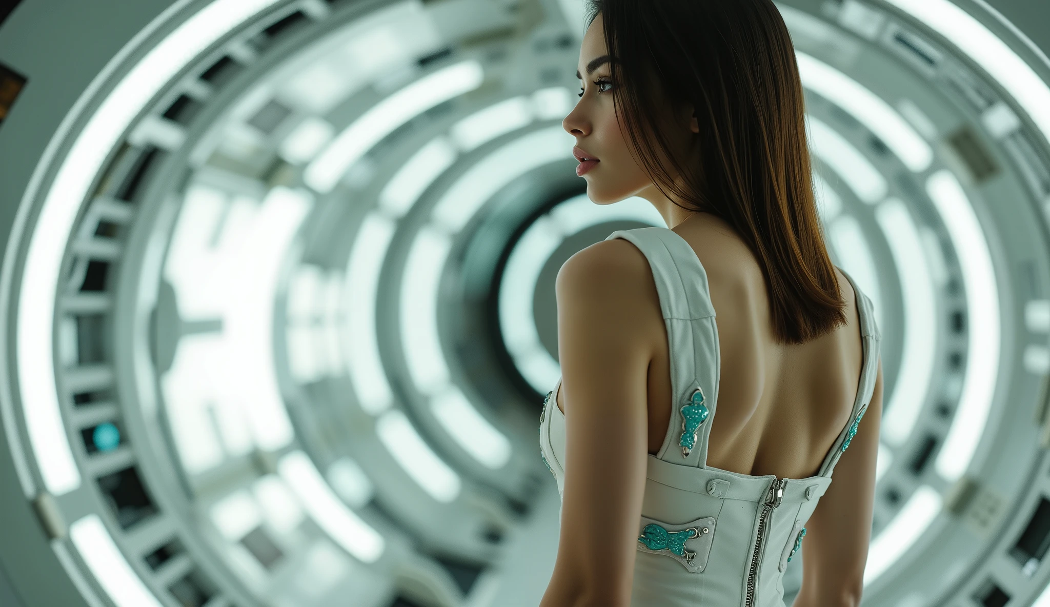 A mixed-race Arab woman, slim and mature (1.331) with straight brown hair, a small head, and a highly realistic glowing skin texture. She is dressed in a white ceramic harness featuring turquoise intricate designs, complemented by a futuristic ceramic corset. Her surroundings are a high-tech, neon spaceship, softly illuminated by emotional white and violet lighting. Her elegant and serene stance and the overall minimalist beauty are captured in stunning 32k resolution. Full-body shot, highlighting her golden proportions and delicate anatomy.