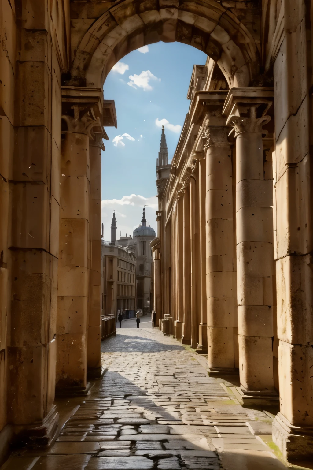 A detailed, photorealistic depiction of the ancient Roman city of Londinium, with weathered and aged architectural elements that evoke the grandeur of the Roman Empire. The scene should feature intricate stonework, cobblestone streets, towering columns, and a sense of historical decay and timelessness.
(best quality,4k,8k,highres,masterpiece:1.2),ultra-detailed,(realistic,photorealistic,photo-realistic:1.37),ancient Roman city,Londinium,Roman Empire,aged architecture,weathered stone,cobblestone streets,towering columns,historical decay,timeless,intricate stonework,cinematic lighting,warm color tones,dramatic shadows