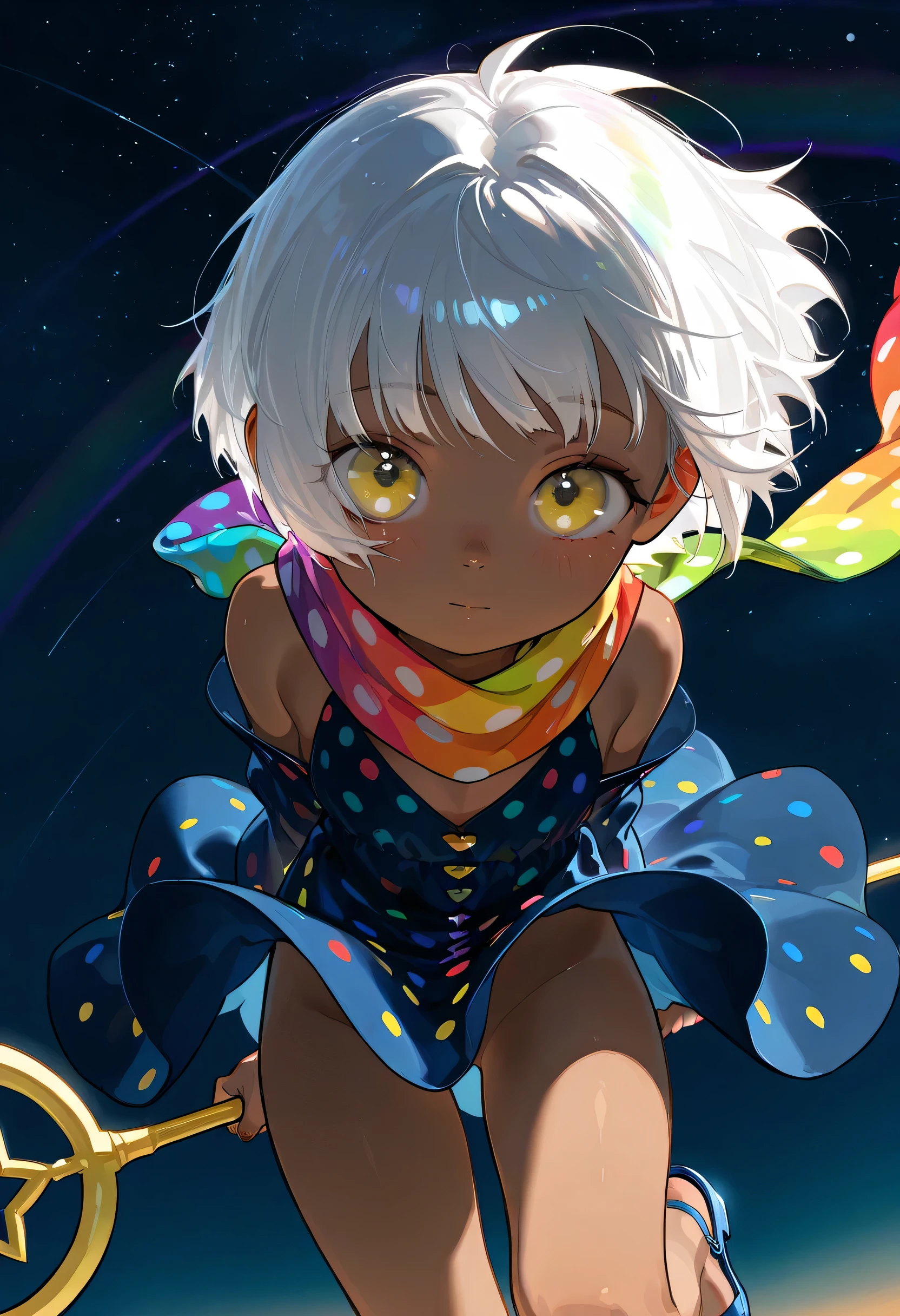 Focus on the background, Solo, score 9, score 8, score 7, Best quality::2.5, artwork::2.5, Masterpiece::2.5, Beautiful features, good anatomy, realistic look, beautiful details, Close up, detailed eyes, rodecchi, Night sky, stars, , cute, Little, Brown skin, (White hair), Short hair, ((Big bangs)), Bangs forward, beautiful hair, bare shoulder, ((Bright yellow eye)), ((Rainbow scarf)), Staff with a star on the end, staff, Just a scarf tie, (Dark blue dress), (Medium dress), Simple dress, (Colorful polka dots on dress), Blue sandal, Bare legs, bottomless, No panties. Wind, Looking at the viewer, Highlighting covered thighs,