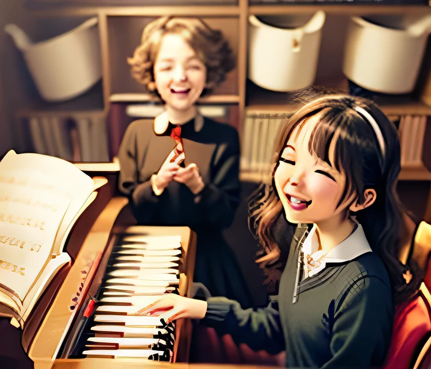 there are three The kids playing a piano together in a room, play the piano, The kids, beginner, The kids's, only, pianist, Warm and fun atmosphere, Award-winning works, Aoi Ogata, Nishimiya Shoko, Great composition, Photo taken with Nikon D750, Photo taken with Nikon D750, tsugumi ohba