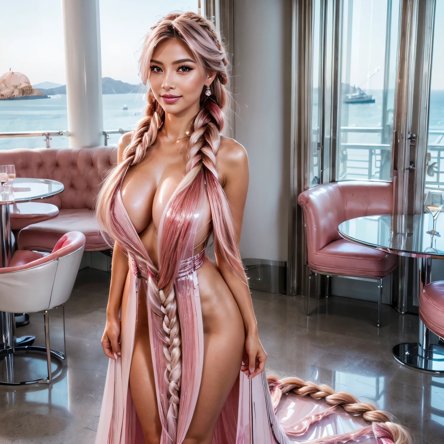 Masterpiece, Ultra High Quality, Ultra HD Quality, The most beautiful woman in history, Anime, Slender body, (very large breasts), Tall, Small face, Well-proportioned figure, Beautiful white skin, (pink hair: 1.2), ((braid hair: 1.3))), (Bangs bangs), (Beautiful shining eyes), (((Clear red eyes))), ((Shiny highlights: 1.3))), Long eyelashes, Pink lips, Beautiful and precise and delicate hand and finger creation, ((Divine smile)), ((Beautiful pink cocktail dress))), (((Sexy dress))), ((Luxurious long dress))), (((hair accessory))), (Large earrings, Luxurious necklace, bangle, ring), (((Upper body))), (((Beautiful standing posture like a fashion model))), (Santorini luxury restaurant with white buildings and sea background)