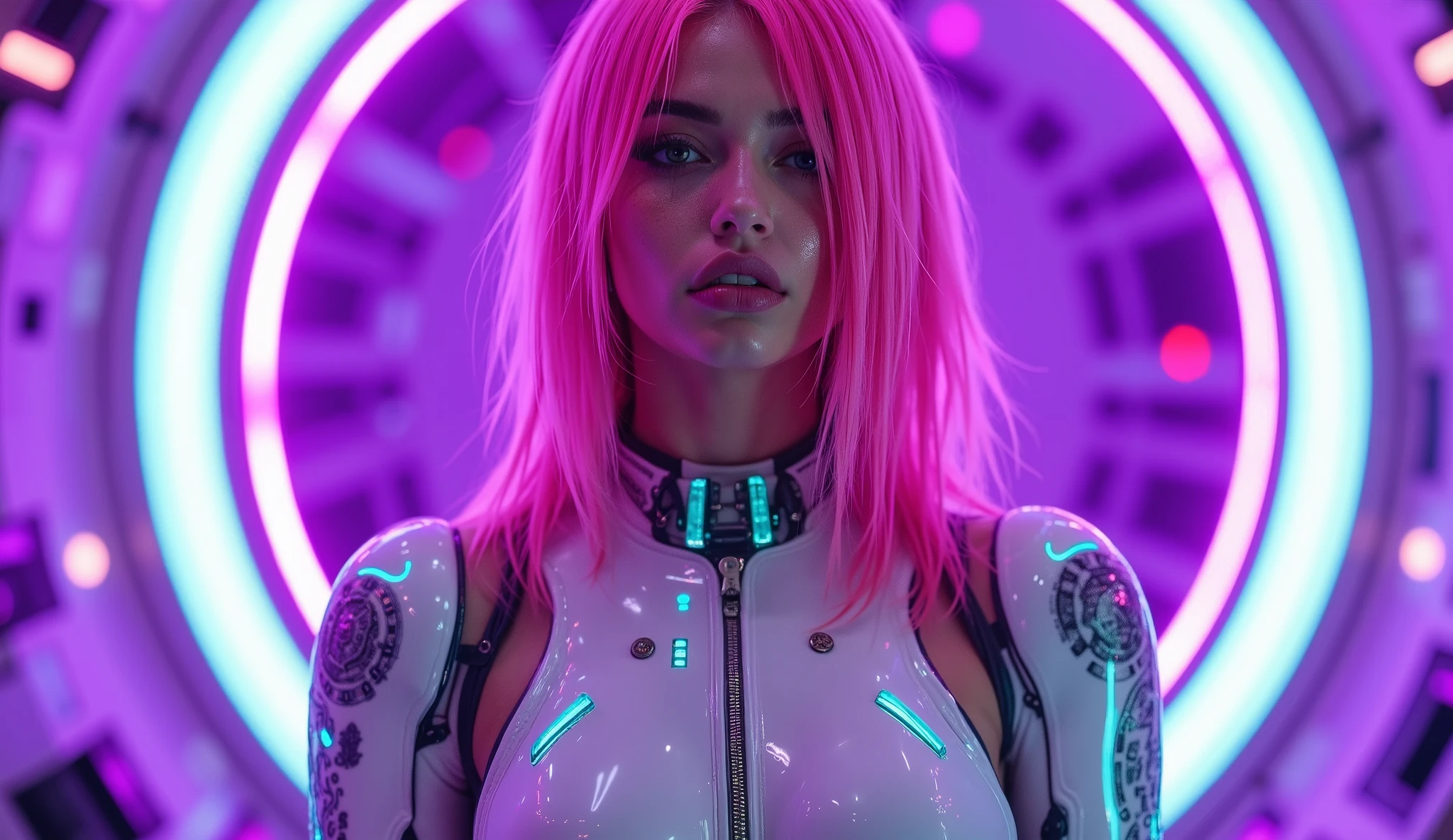 A beautiful French woman with straight pink hair, detailed features, and a slightly sweaty, glowing skin texture. She wears a white ceramic harness with reinforced plastic and intricate turquoise details, complemented by a futuristic corset. She is in a neon-lit spaceship, where the interplay of violet and white lighting highlights her reflective attire and skin. Her serene expression and elegant posture emphasize the beauty of futuristic fashion. American shot, showcasing her sharp anatomical details and the golden ratio of her composition.

