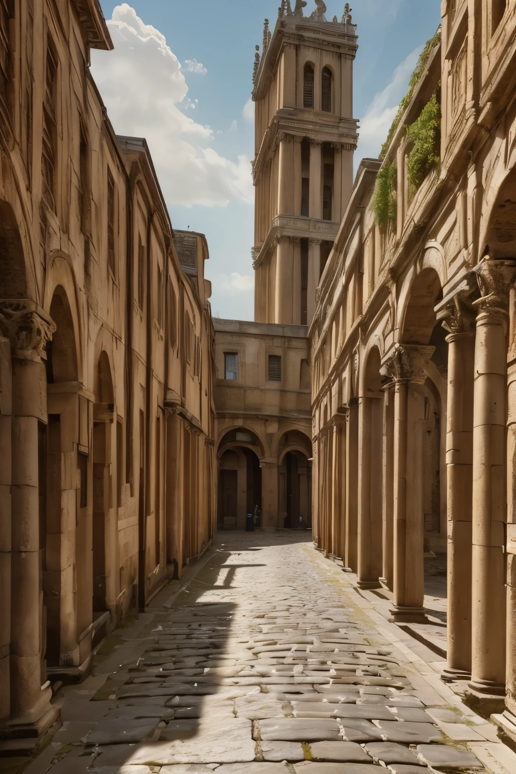 A detailed, photorealistic depiction of the ancient Roman city of Londinium, with weathered and aged architectural elements that evoke the grandeur of the Roman Empire. The scene should feature intricate stonework, cobblestone streets, towering columns, and a sense of historical decay and timelessness.
(best quality,4k,8k,highres,masterpiece:1.2),ultra-detailed,(realistic,photorealistic,photo-realistic:1.37),ancient Roman city,Londinium,Roman Empire,aged architecture,weathered stone,cobblestone streets,towering columns,historical decay,timeless,intricate stonework,cinematic lighting,warm color tones,dramatic shadows
