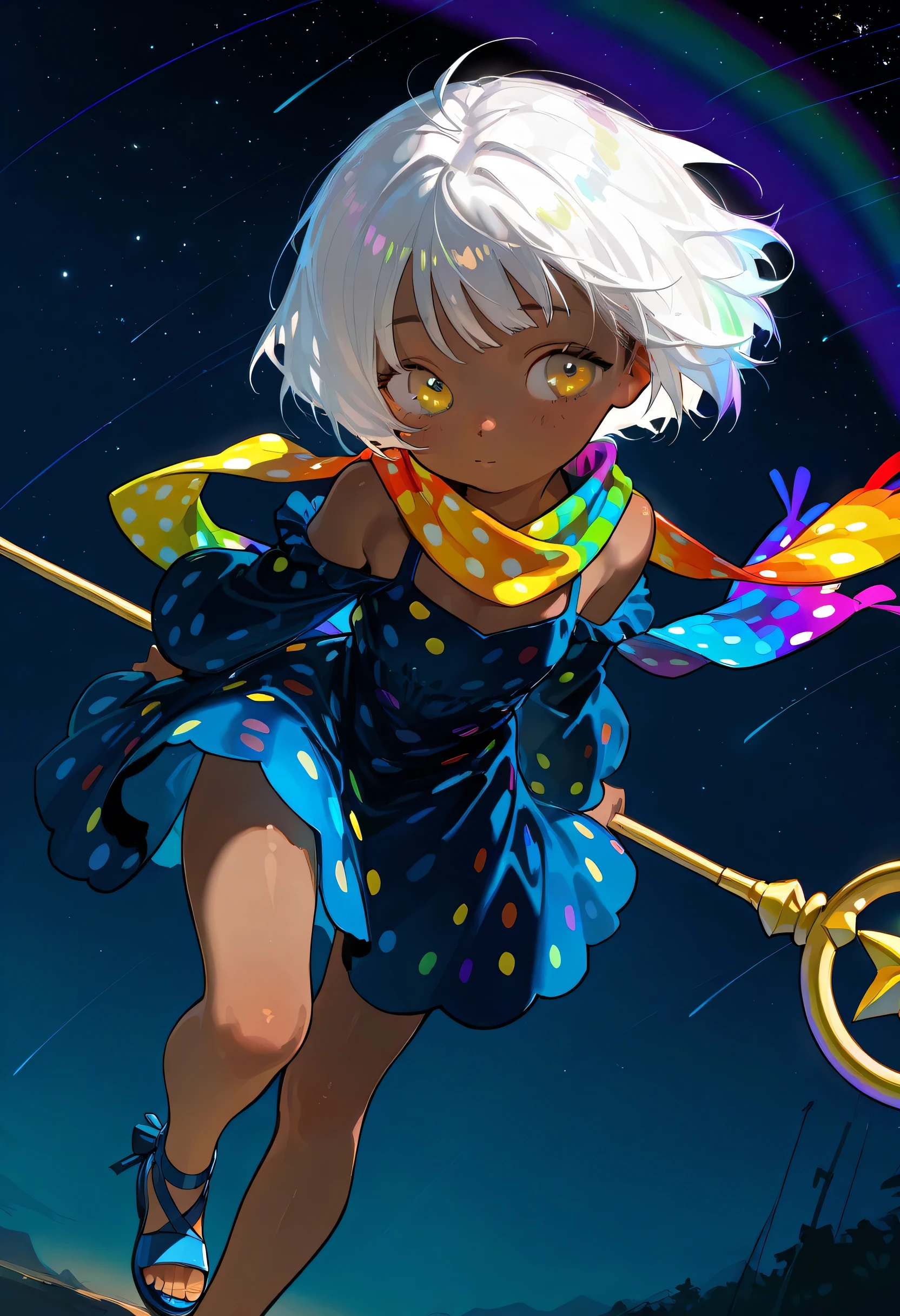 Focus on the background, Solo, score 9, score 8, score 7, Best quality::2.5, artwork::2.5, Masterpiece::2.5, Beautiful features, good anatomy, realistic look, beautiful details, Close up, detailed eyes, rodecchi, Night sky, stars, , cute, Little, Brown skin, (White hair), Short hair, ((Big bangs)), Bangs forward, beautiful hair, bare shoulder, ((Bright yellow eye)), ((Rainbow scarf)), Staff with a star on the end, staff, Just a scarf tie, (Dark blue dress), (Medium dress), Simple dress, (Colorful polka dots on dress), Blue sandal, Bare legs, Wind,