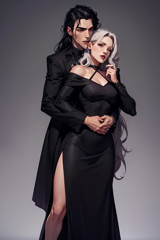 There are two people dressed in Gothic costumes next to each other, Black leather robes! intrincado, gothic horror vibes, dark and gothic, lo gothic!!, IMVU, black-white skintight robes!, inspirado em Dom Qwek, goth vibe, lo gothic, estilo sensual sombrio, Escuro, ArtsLabcoats, dark vibes, goth chic, Gothic attire, Poses on the left, (FOTO CRU: 1.2), (fotorrealista: 1.4), (detalhes intrincados: 1.2), (obra-prima: 1.3), (melhor qualidade: 1.4), (Ultra Highres: 1.2), luz de cinema, ultra alta realista, (olhos detalhados), (detailedfacialfeatures), (detailed features of the outfit),HDR, 8K分辨率, (extremely detailed illustration), (extremely detailed illustration), retrato de corpo inteiro, mola a 50mm, abertura f/4, (super detalhe), 8mm film grain, cinematiclight, luz lateral, Reflexo da lente, ray tracing, (olhos detalhados), Unreal Motor Intrincado (detalhe alto: 1.1).