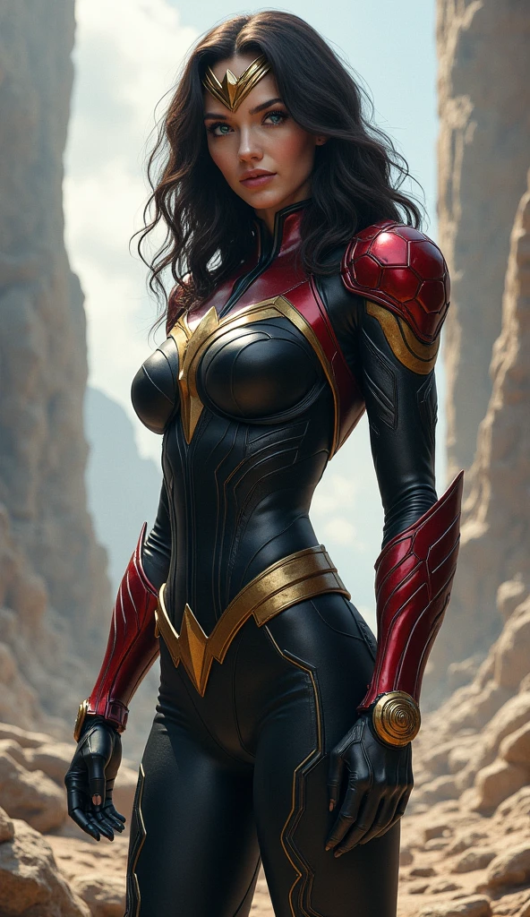 Wonder Woman flying in the sky, sunshine in the background, perfect golden armor suit costume, extremely big upturned buttock, back angle view, extremely black hair, smooth curves