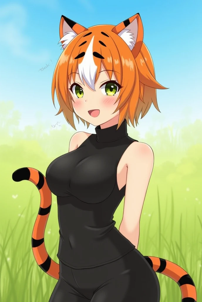 human with orange and white cat ears and tail with black shirt with big breasts and tail 