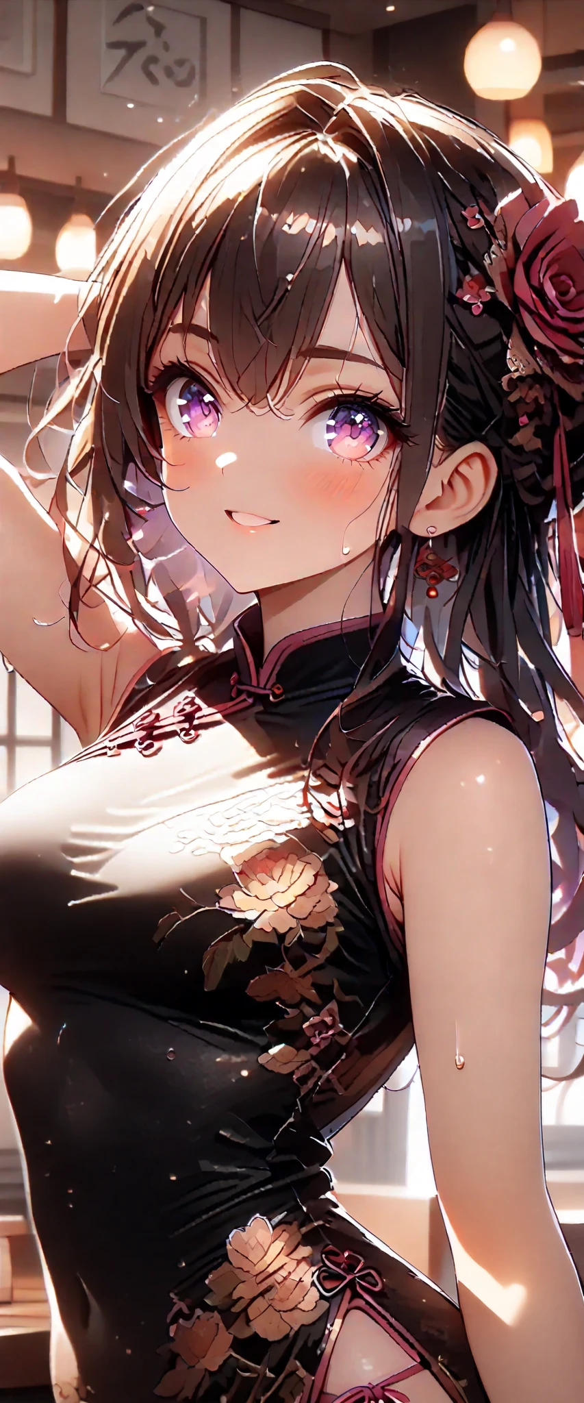 (beautiful girl:1.3),1girl,masterpiece,Ultra-high resolution, rich contrasts,Very high quality,8k,very detailed CG unit wallpaper,Texture,So ridiculous,RAW Photos,Highest quality anime,Depth of written boundary,ultra-detailed eyes,Glowing Skin,Glitter Effect,Beautiful glossy lips,score_9, score_8_up, score_7_up, source_anime, Ashley Graham, 1girl, Alone,(medium-violet-red色のChina dress:1.5),Chinese restaurant,((Carrying food), steam ,sweat,busy,raised eyebrows,smile, open sailor suit