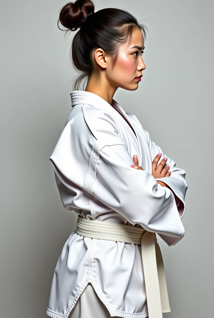 Portrait of a beautiful Italian-Irish female model in karate gi, Suitable for Adobe Stock, Schmucklos, Einfarbiger Hintergrund, Suitable for sales – AR 3:4 -- in 6