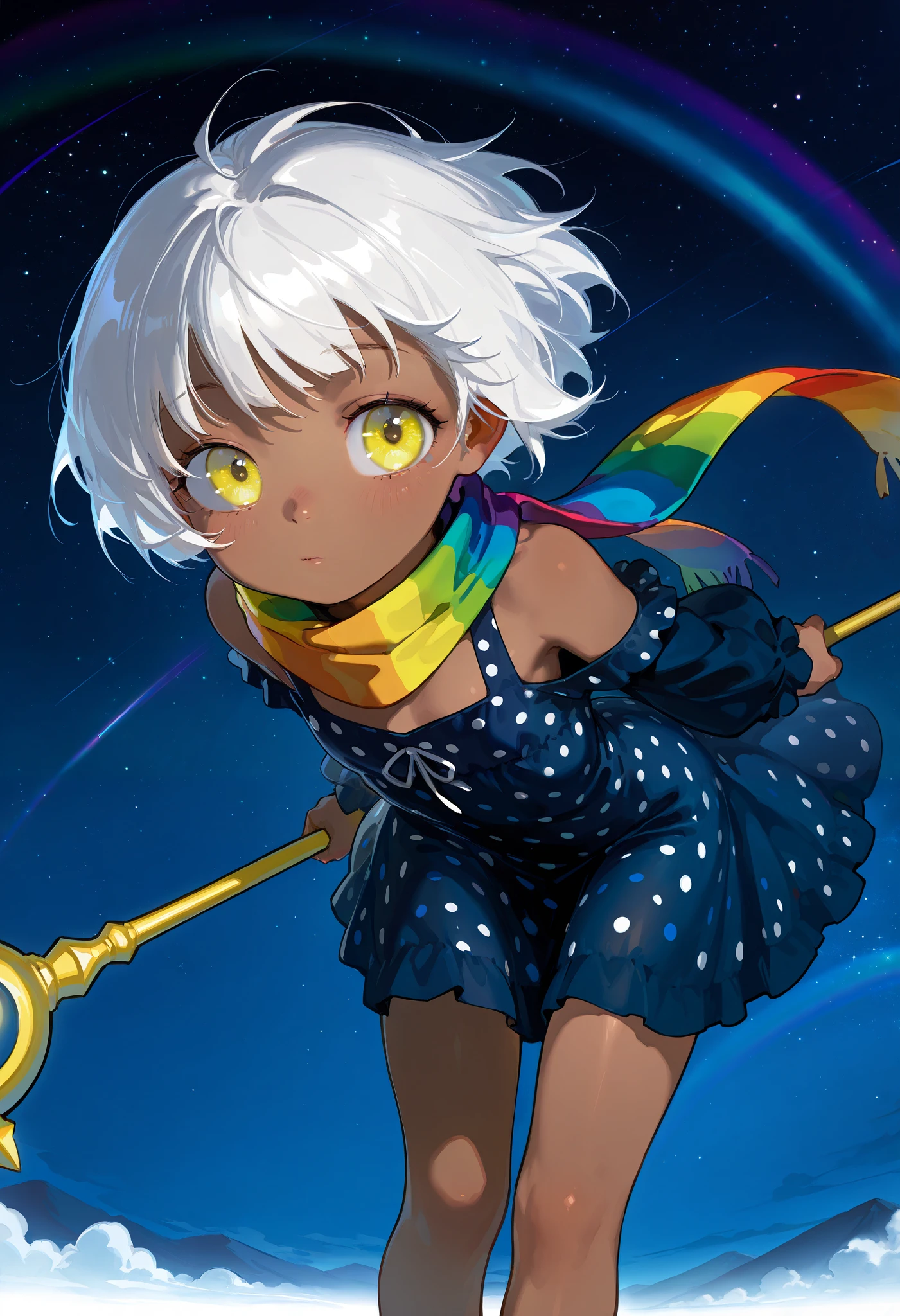 Focus on the background, Solo, score 9, score 8, score 7, Best quality::2.5, artwork::2.5, Masterpiece::2.5, Beautiful features, good anatomy, realistic look, beautiful details, Close up, detailed eyes, rodecchi, Night sky, stars, , cute, Little, Brown skin, (White hair), Short hair, ((Big bangs)), Bangs forward, beautiful hair, bare shoulder, ((Bright yellow eye)), ((Rainbow scarf)), Staff with a star on the end, staff, Just a scarf tie, (Dark blue dress), (Medium dress), Simple dress, (Colorful polka dots on dress), Blue sandal, Bare legs, Wind,