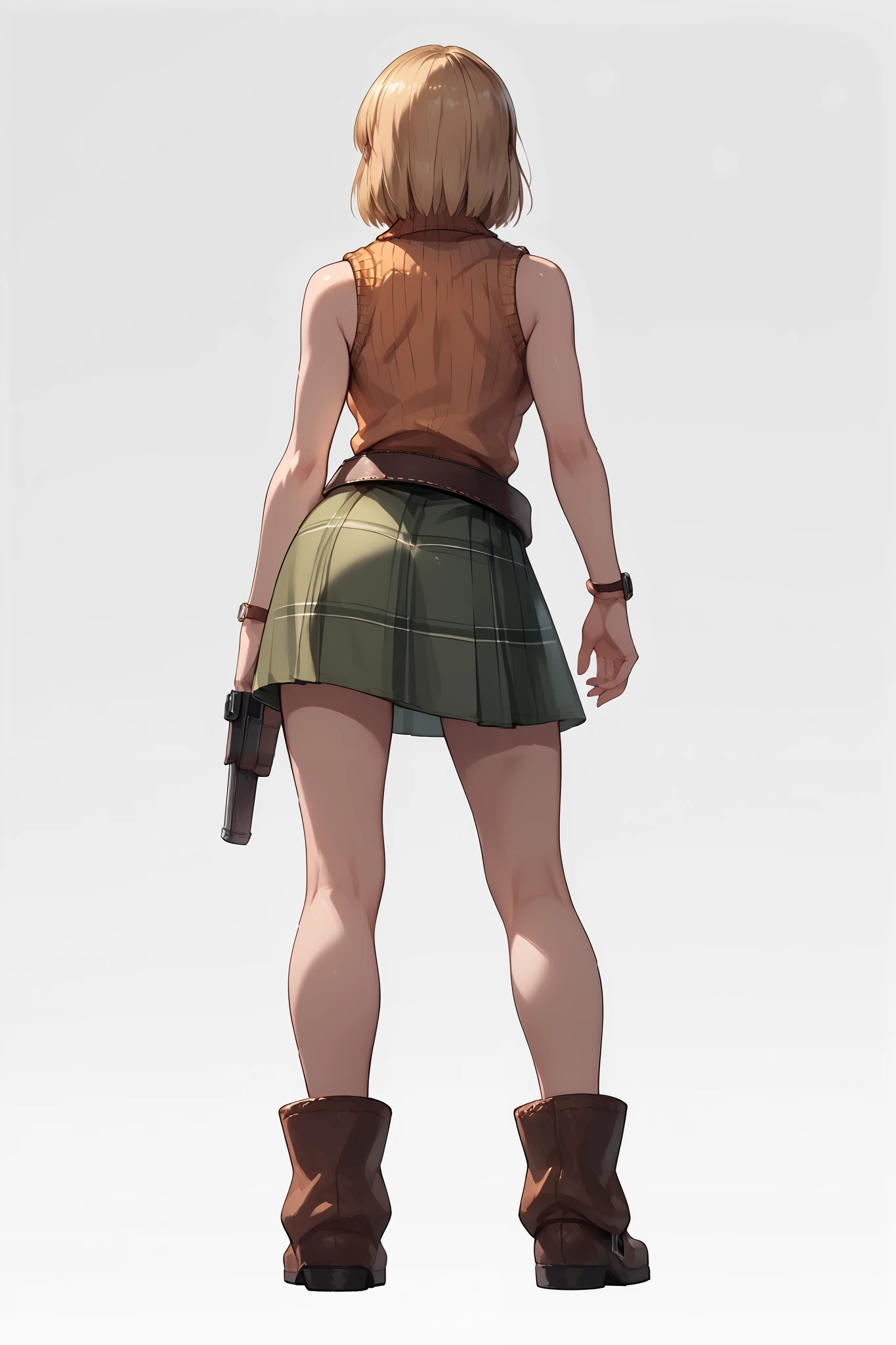 Anime concept art, dark fantasy, Ashley graham, Ashley Graham from resident evil 4, cute, Ashley's sexy outfit,  thin waist, medium breasts, sleeveless, skirt, loose belt, lovely pose, back view, full body view, fullbody overview, resident evil 4 concept art