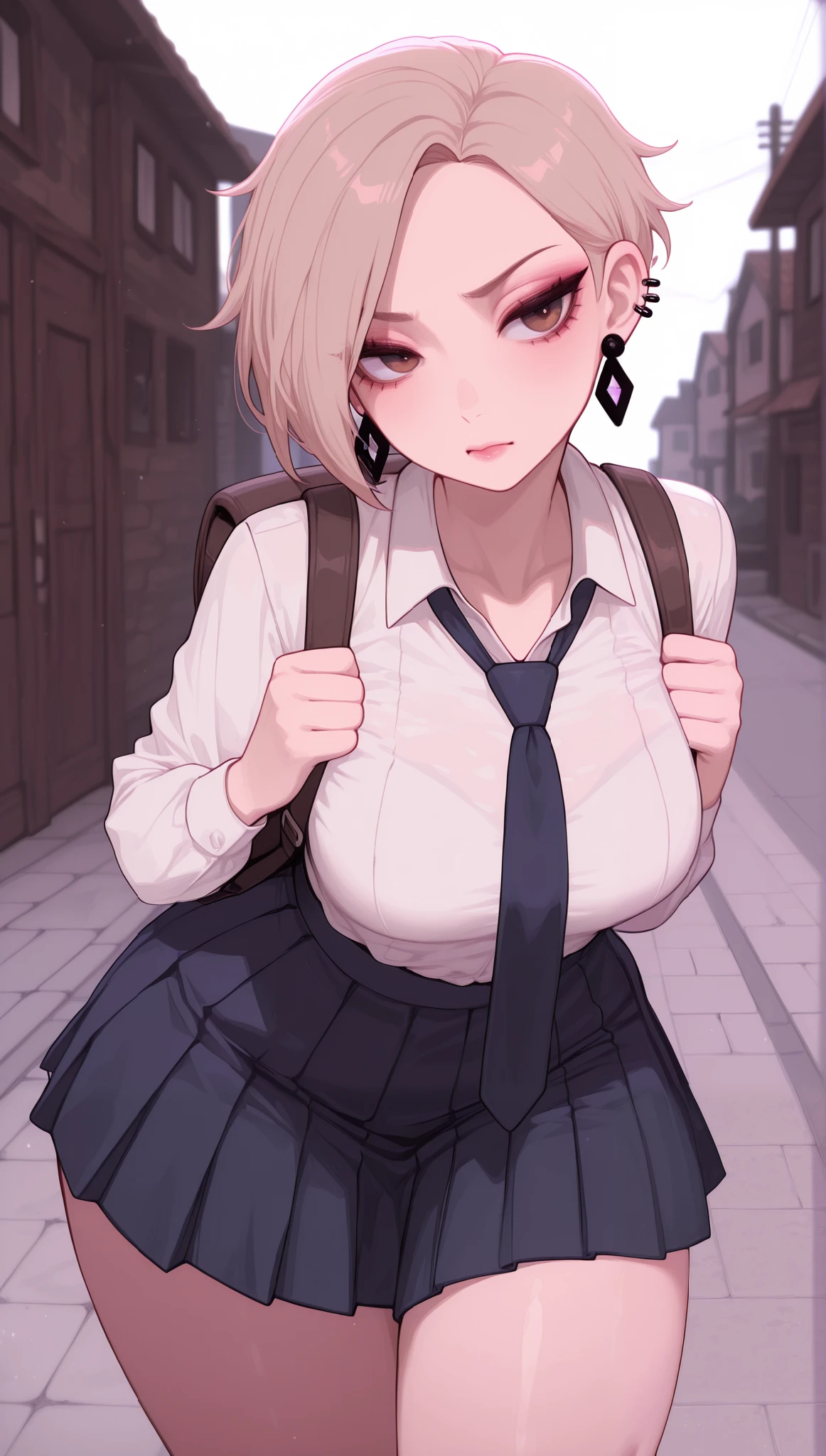 (masterpiece), (portrait), medium breasts (aesthetics), ((1 female 21 years old)), Highlight earrings), ((very short hair, piercing in the ear, punk girl style )), ((Hot beige hair)), straight hair, thin eyes open, brown eyes, cute, female, woman, looking far away, making a cute angry pout, beautiful, female features, top, high quality, aesthetic clothing, professional angle, (rule of thirds), (feminine), (feminine), (feminine), (beautiful) , (female ) features), solo, (Korean attractive), summer, (ink haze), (afternoon), (vibrant light), seductive posture, ((face looking forward))), school uniform, long-sleeved coat, white blouse underneath, tie, blue pleated skirt. backpack on the back ((Energy)), (no makeup), (medium Breasts), Fair Skin, (Clothes with Hip Hop Details, horny and slutty voluptuous woman), (a girl, hot fit, voluptuous mature body, super curvy body), (Sleep Neckline), Beautiful Hands, Body beautiful, beautiful ears, beautiful eyes, bright eyes, beautiful mouth, beautiful lips, needy expression, sidewalk, houses, hot and thick thighs