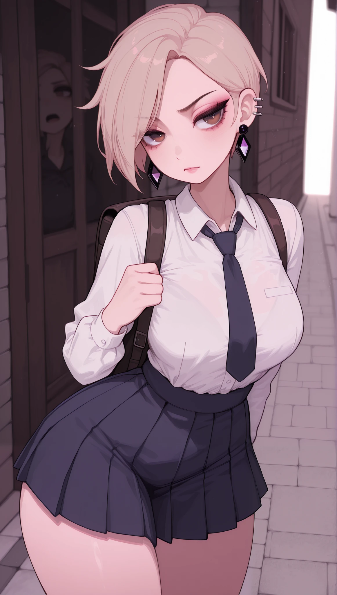 (masterpiece), (portrait), medium breasts (aesthetics), ((1 female 21 years old)), Highlight earrings), ((very short hair, piercing in the ear, punk girl style )), ((Hot beige hair)), straight hair, thin eyes open, brown eyes, cute, female, woman, looking far away, making a cute angry pout, beautiful, female features, top, high quality, aesthetic clothing, professional angle, (rule of thirds), (feminine), (feminine), (feminine), (beautiful) , (female ) features), solo, (Korean attractive), summer, (ink haze), (afternoon), (vibrant light), seductive posture, ((face looking forward))), school uniform, long-sleeved coat, white blouse underneath, tie, blue pleated skirt. backpack on the back ((Energy)), (no makeup), (medium Breasts), Fair Skin, (Clothes with Hip Hop Details, horny and slutty voluptuous woman), (a girl, hot fit, voluptuous mature body, super curvy body), (Sleep Neckline), Beautiful Hands, Body beautiful, beautiful ears, beautiful eyes, bright eyes, beautiful mouth, beautiful lips, needy expression, sidewalk, houses, hot and thick thighs