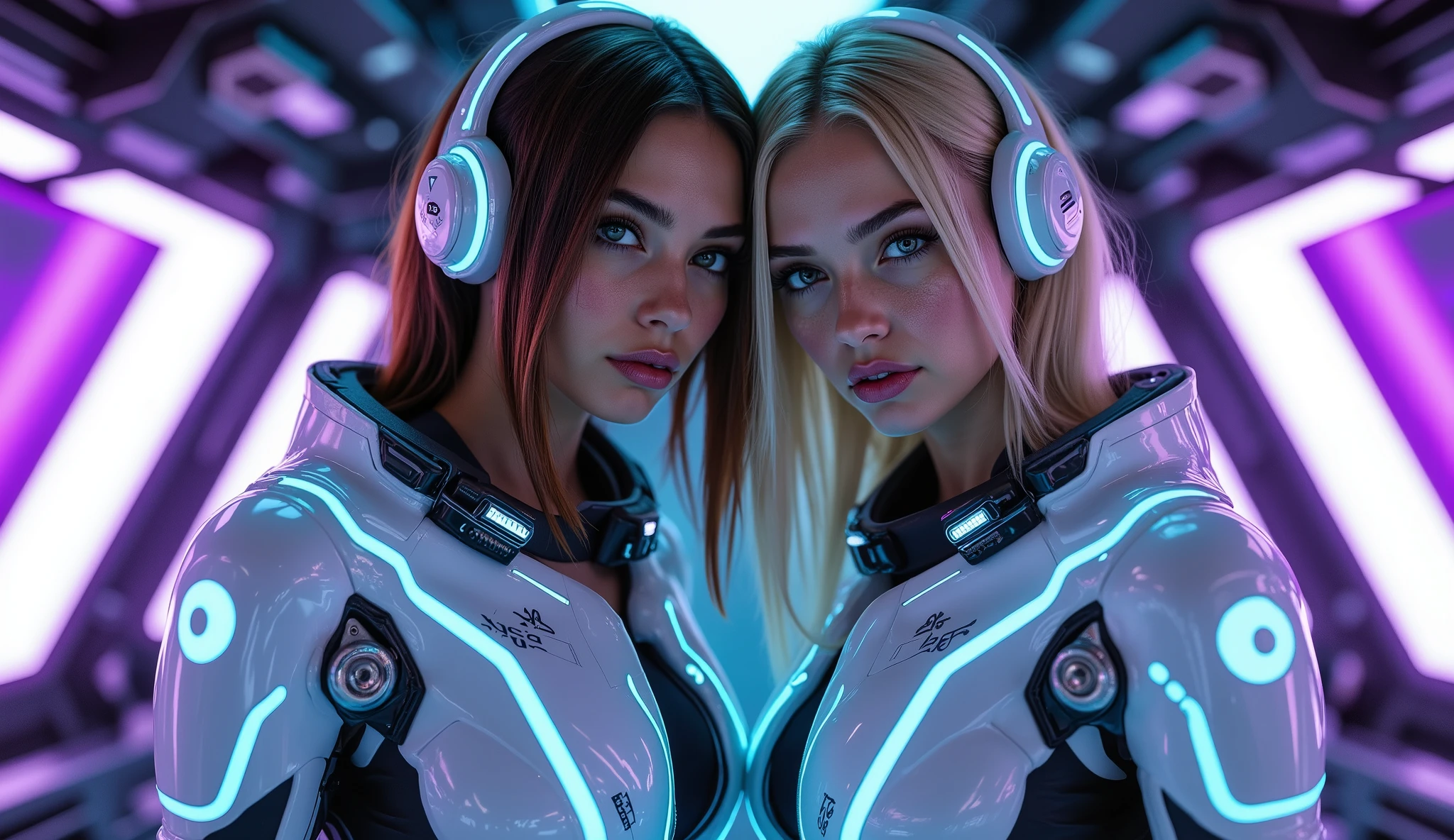 Two beautiful women, one a mixed-race Arab woman, slim and mature (1.331) with straight brown hair, and the other a German woman with straight blonde hair. Both have sweaty, glowing skin textures and wear white ceramic harnesses with minimal surface coverage (2.0). Their outfits are adorned with intricate turquoise accents and reinforced plastic elements. They are standing inside a high-tech spaceship, with neon violet and white lighting that highlights their reflective surfaces and the advanced technology of their clothing. Their calm and confident postures create a balanced and dynamic scene. Full-body shot, emphasizing the anatomical detail and stunning futuristic designs of their outfits.