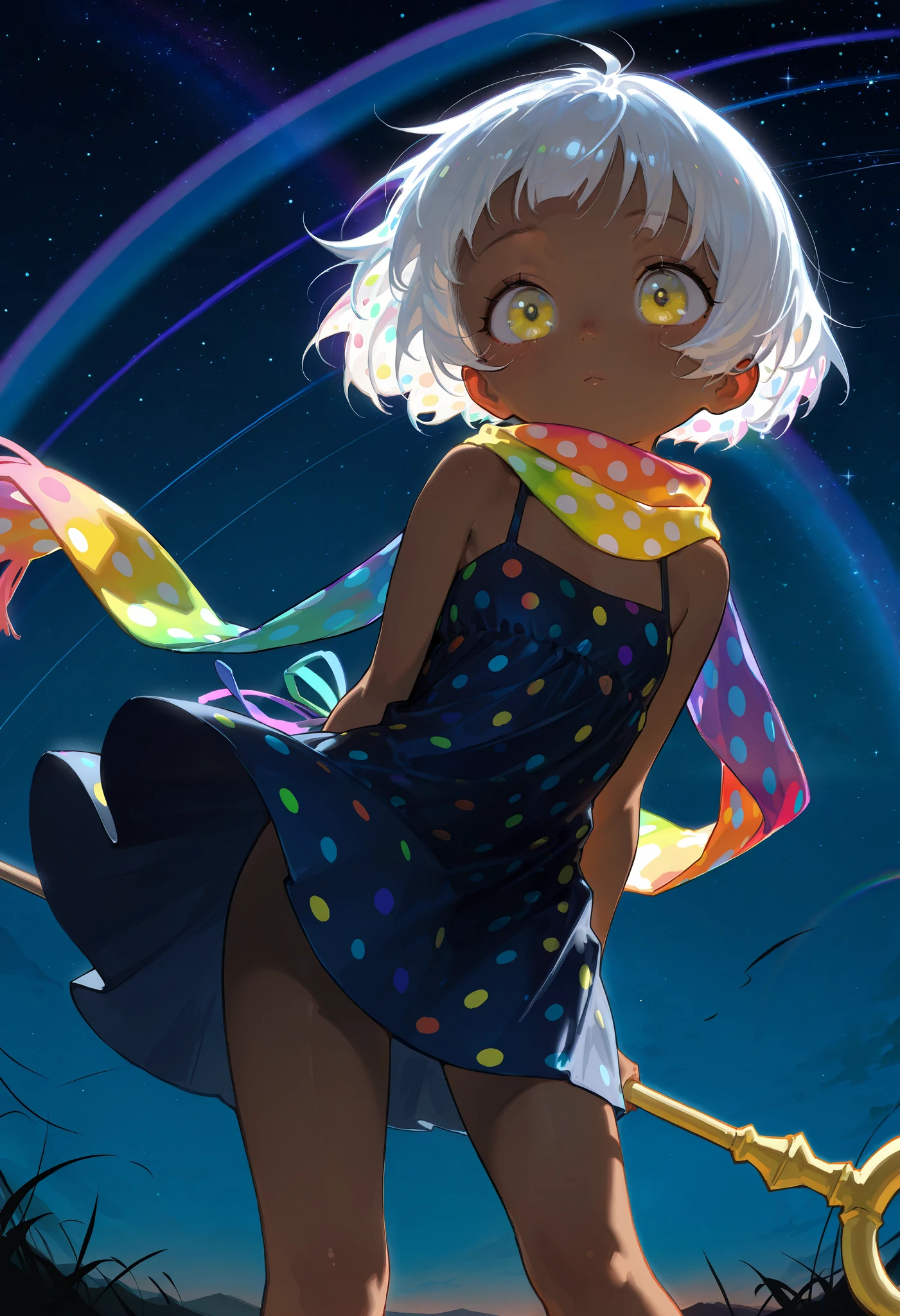 Focus on the background, Solo, score 9, score 8, score 7, Best quality::2.5, artwork::2.5, Masterpiece::2.5, Beautiful features, good anatomy, realistic look, beautiful details, Close up, detailed eyes, rodecchi, Night sky, stars, , cute, Little, Brown skin, (White hair), Short hair, ((Big bangs)), Bangs forward, beautiful hair, bare shoulder, ((Bright yellow eye)), ((Rainbow scarf)), Staff with a star on the end, staff, Just a scarf tie, (Dark blue dress), (Medium dress), Simple dress, (Colorful polka dots on dress), Blue sandal, Bare legs, Wind,