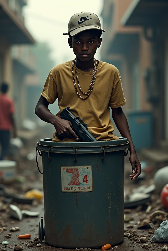 a boy(a child of no more than 13 years of age )with Brazilian traits , make him a slum in the middleweight division , around his neck several chains of pure gold studded with some rubies , also make a golden assault rifle in your hand , at his feet several pools of blood