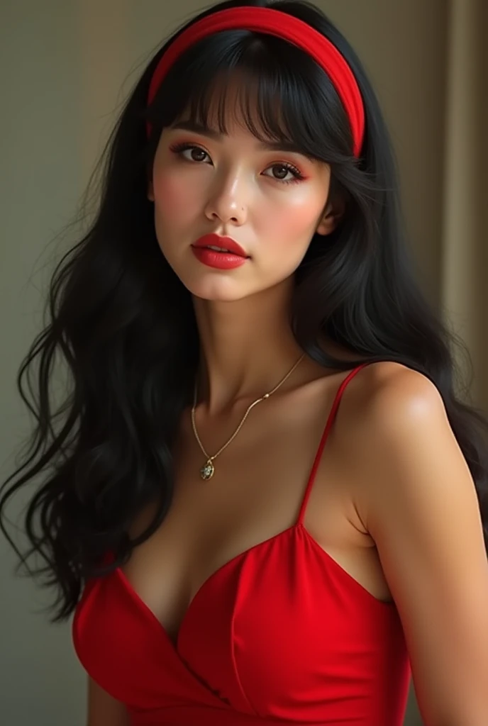 Create a beautiful Korean girl with black hair and green eyes and a perfect beautiful face with very revealing red lingerie and a perfect body and wearing a string thong