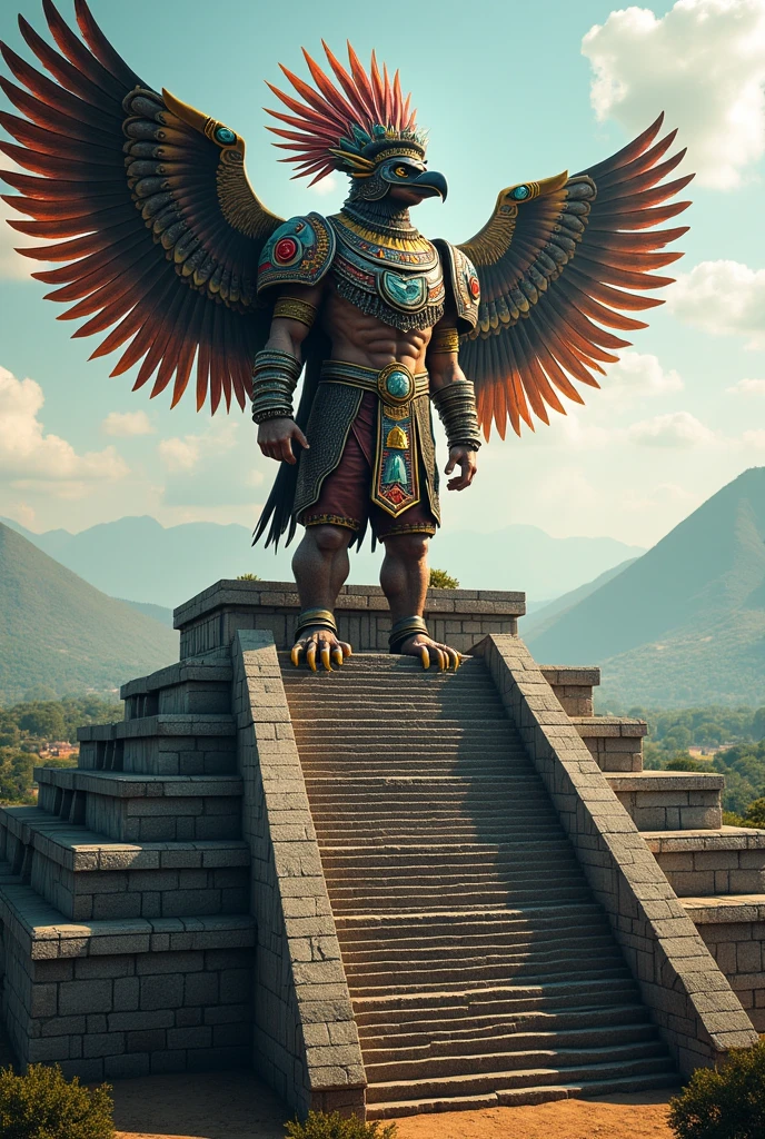 An image of the Aztec god Huitzilopochtli anthropomorphic on an Aztec pyramid temple major, with hands raised and a day with storms , high quality and definition ,