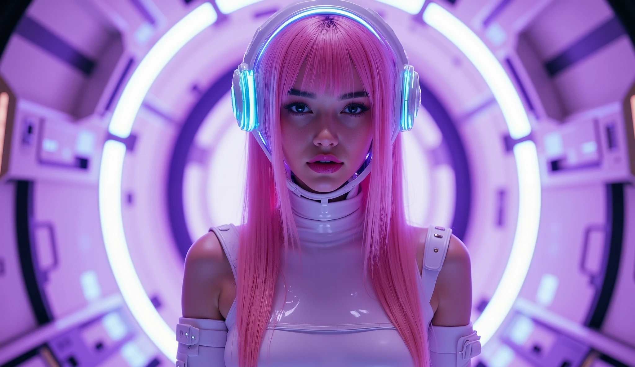 A beautiful French woman with straight pink hair, a small head, and slightly sweaty glowing skin. She is dressed in white ceramic underwear, a ceramic thong with minimal surface coverage (2.0), and an intricate turquoise shoulder harness. She also wears a futuristic helmet, its smooth, streamlined design glowing faintly with turquoise accents. The helmet features a transparent visor, partially revealing her detailed and serene face. She stands inside a high-tech spaceship, surrounded by dynamic violet and white lighting that enhances the reflective surfaces of her outfit. Her calm and confident posture embodies the beauty of minimalism and futuristic fashion elegance. Full-body shot, emphasizing her golden proportions and the fine details of the helmet and outfit.