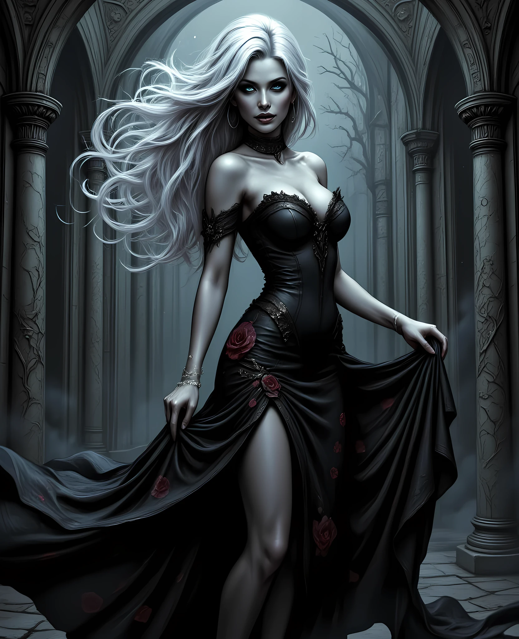 Arafed, Dark fantasy art, fantasy art, goth art, a picture of a goth woman, pale white skin, white hair, Ultra detailed face, Best Detailed face, black hair, long hair, wavy hair, blue eyes, she wears a black leather dress, there are roses imprinted on the dress, red roses, high heels, full body shot, dark glamour shot, dark castle, dark, black and color, Art Deco, hyp3rd3tail style, aidmafluxpro1.1