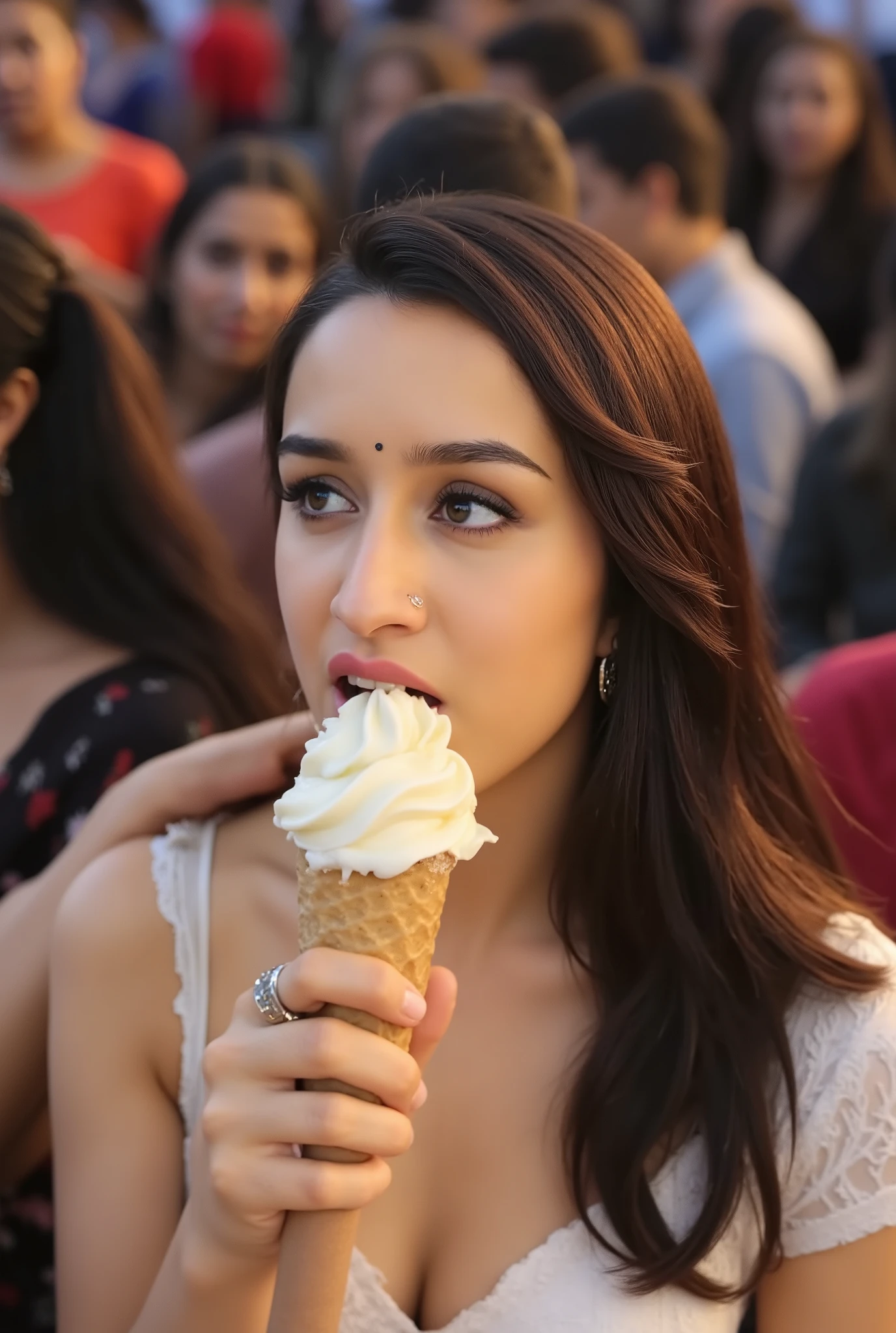 Dynamic high angle shot, mid shot, woman enjoying ice cream. Licking with her tounge out. Busy dadar railway, full crowded. Masterpiece. Sexy open shirt. Nose ring. Dreamlike. Sunbeam. Engrossed and blushing. Eyes closed. Someone has just put his hand on her shoulder. Motion is slow. Tight space. Perky tightly. Hot and sensual.