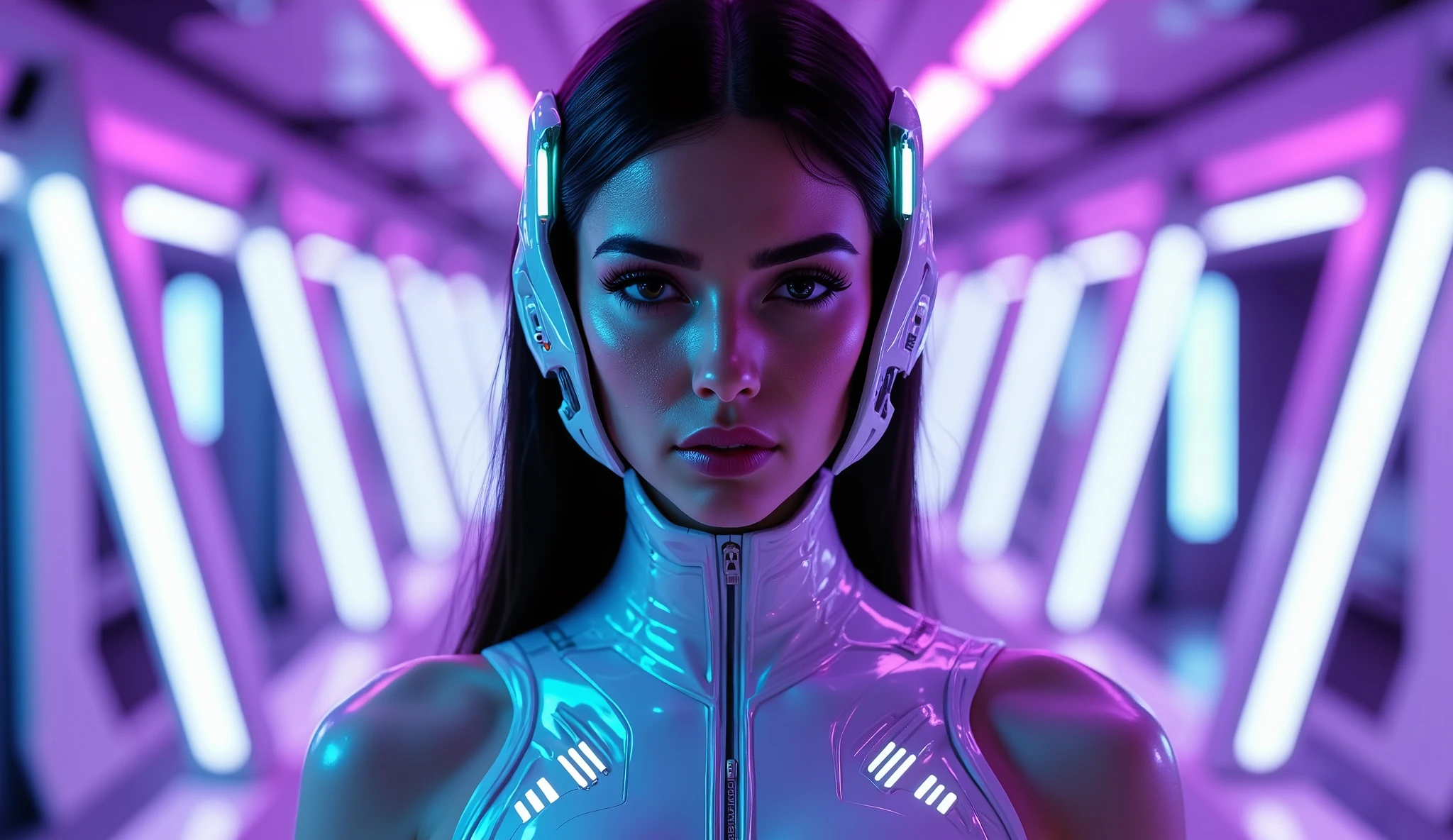 A mixed-race Arab woman, slim and mature (1.331) with straight brown hair, a small head, and realistic, glowing oily skin texture. She wears white ceramic sports underwear, a futuristic corset with minimal surface coverage (2.0), and an intricately designed turquoise harness. Her look is elevated with a high-tech futuristic helmet, featuring sharp, angular lines and glowing turquoise highlights. The helmet includes small, built-in lights that reflect off her sweaty skin and outfit. She stands in the middle of a neon spaceship, bathed in violet and white dynamic lighting that enhances her reflective surfaces and the advanced technology aesthetic of the scene. Her elegant posture and serene expression bring a sense of powerful minimalism. Full-body shot, highlighting her anatomy, the fine details of her helmet, and the stunning interplay of light and shadow.