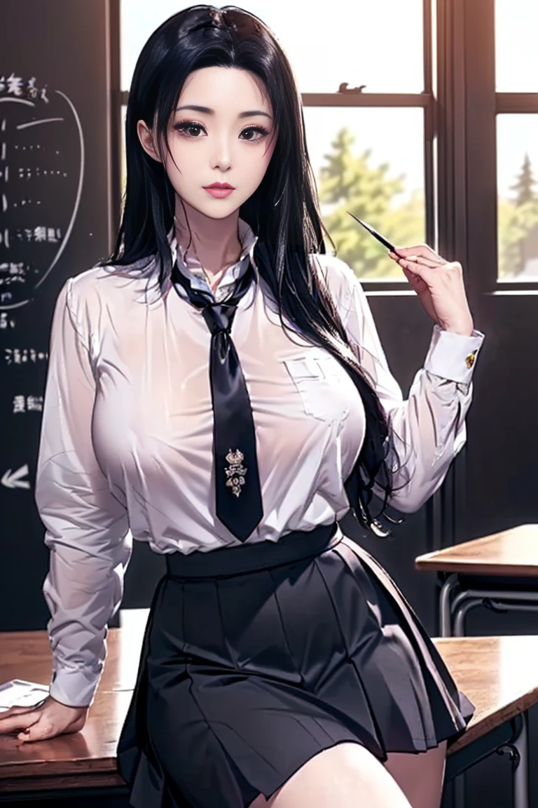 Italian girl, with very long black hair, 25 years old, super gigantic and mammoth breasts, thin, wearing a torn tight blouse that does not contain the breasts and a pleated black miniskirt, inside a school classroom