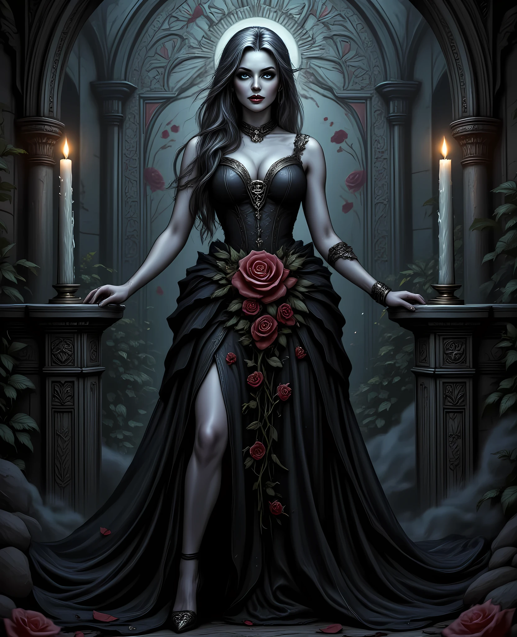 Arafed, Dark fantasy art, fantasy art, goth art, a picture of a goth woman, pale white skin, white hair, Ultra detailed face, Best Detailed face, black hair, long hair, wavy hair, blue eyes, she wears a black leather dress, there are roses imprinted on the dress, red roses, high heels, candles light, full body shot, dark glamour shot, dark castle, dark, black and color, Art Deco, hyp3rd3tail style, aidmafluxpro1.1