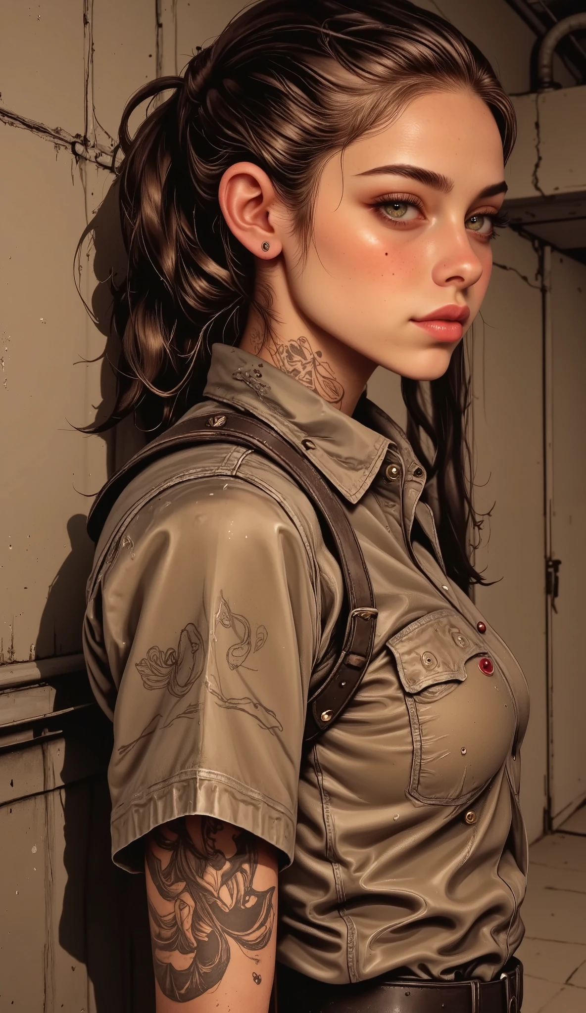Full HDR . Beauty、(( general plan , zoomed out image,  full body:1.5)), dirty skin、  A girl with a realistic skin texture stands in front of a concrete background  .  Her dirty shirt adds a sense of roughness to the overall image . .. She has a tattoo on her arm, , which adds an avant-garde touch to its appearance  ..  The image focuses on the ultra-detailed representation of her skin , , ensuring that every pore and wrinkle is accurately represented  . The background defines the environment with its industrial style  ., urban feel  .  Lighting plays a crucial role It's time to improve the realistic and photorealistic image effect.  The colors are vivid and the details are sharp . ., , resulting in an 8k image of the highest quality that resembles a masterpiece  .tattoo, chiaroscuro, cinematic lighting, Fujicolor, UHD, Retina, masterpiece, Accurate, Anatomically correct, textured skin, Super detail, high details, high quality,  award winning ,  best quality , highres, 1080P, HD, 16K
