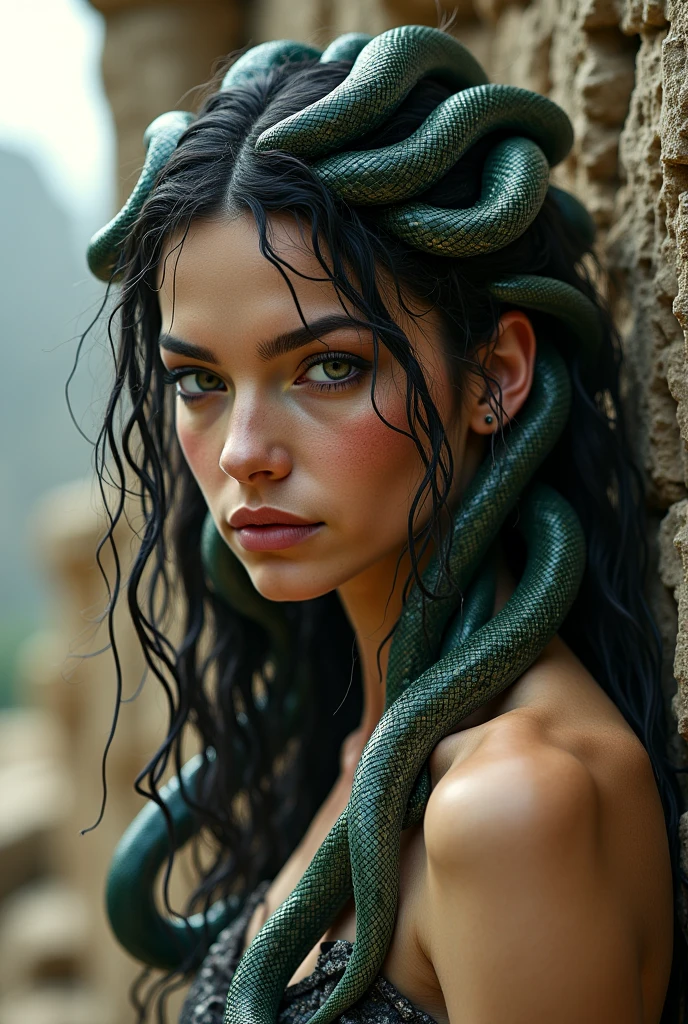 Young woman with white skin, green eyes, wavy black hair down to the shore, wearing a green dress with snakes behind her, Medusa style
