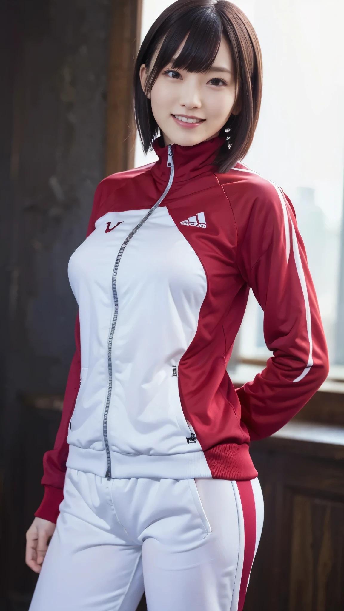 chaqueta deportiva roja, sujetador deportivo blanco ligeramente enrollado, debajo del pecho, mini shorts rojos, cabello oscuro corto, ojos marrones, pupilas en espiral, surprised expression, rubor, sweating, luces tenues, girl undressing in the locker, vestuario, banco, bolsa de gimnasia