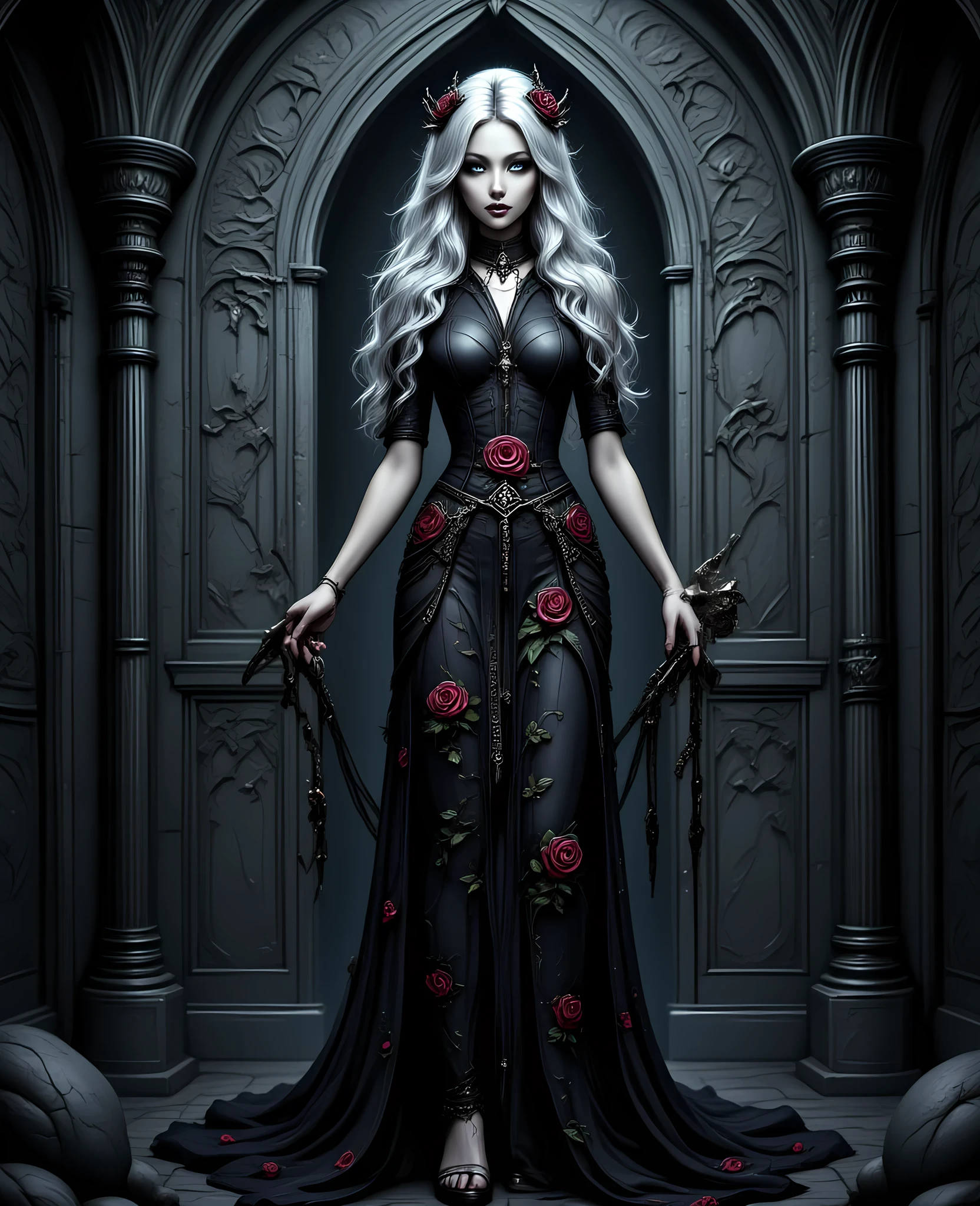 Arafed, Dark fantasy art, fantasy art, goth art, a picture of a goth woman, pale white skin, white hair, Ultra detailed face, Best Detailed face, black hair, long hair, wavy hair, blue eyes, she wears a black leather dress, there are roses imprinted on the dress, red roses, high heels, full body shot, dark glamour shot, dark castle, dark, black and color, Art Deco, hyp3rd3tail style, aidmafluxpro1.1, gothicstylenext