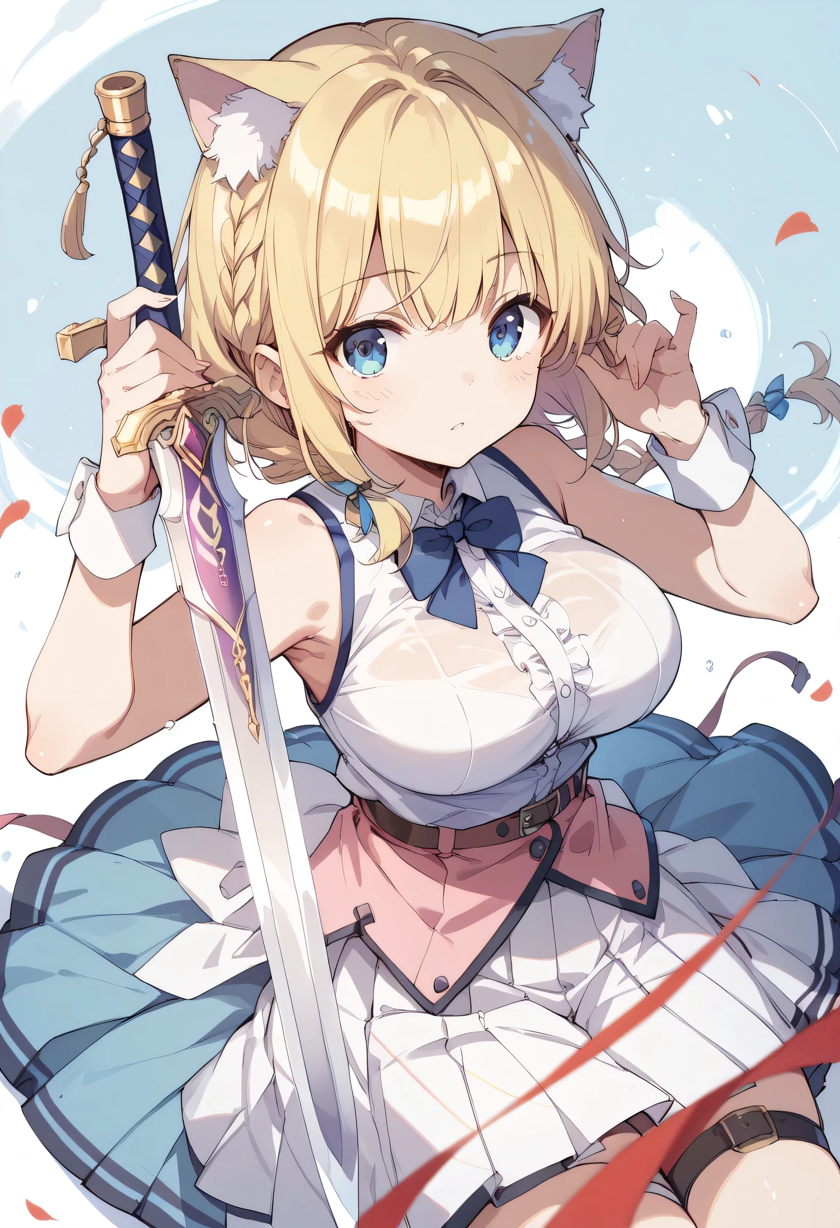 Cat ears、 bob cut blonde hair、 braids on both sides、 huge breasts 、Excalibur has 、 girl holding Excalibur blue blazer 、 black pleated skirt