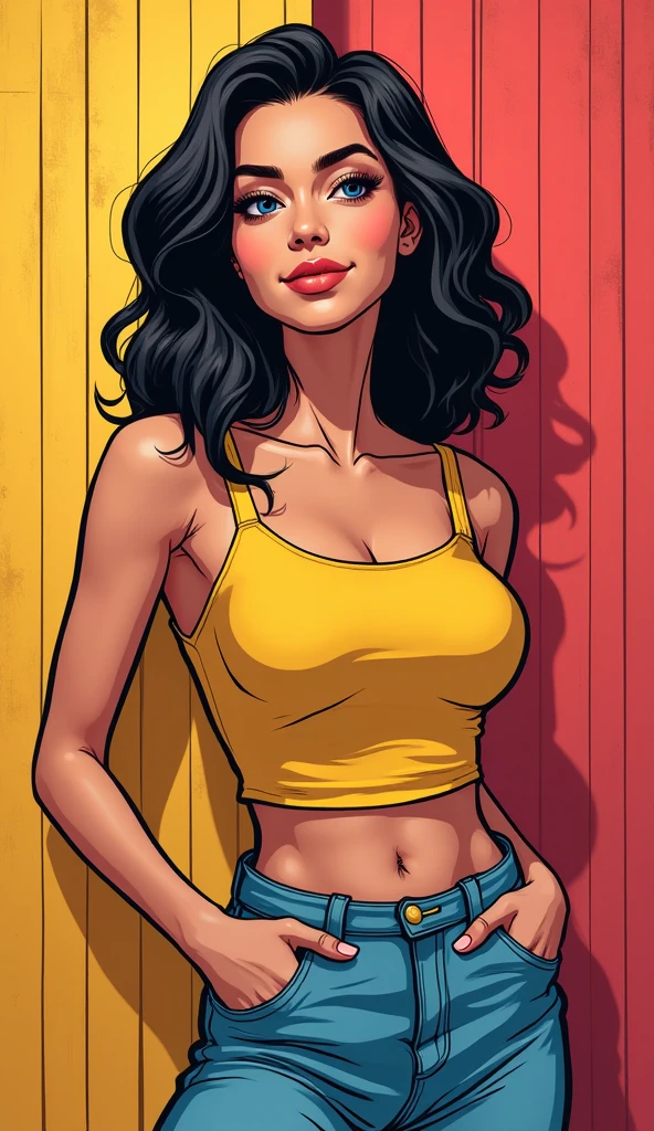 Leilani, she is short, with dark skin and straight hair, approximately 21 years old and with a cheerful personality, she was wearing a green and denim blouse and in the middle a brown belt that showed off her thin waist, comic style