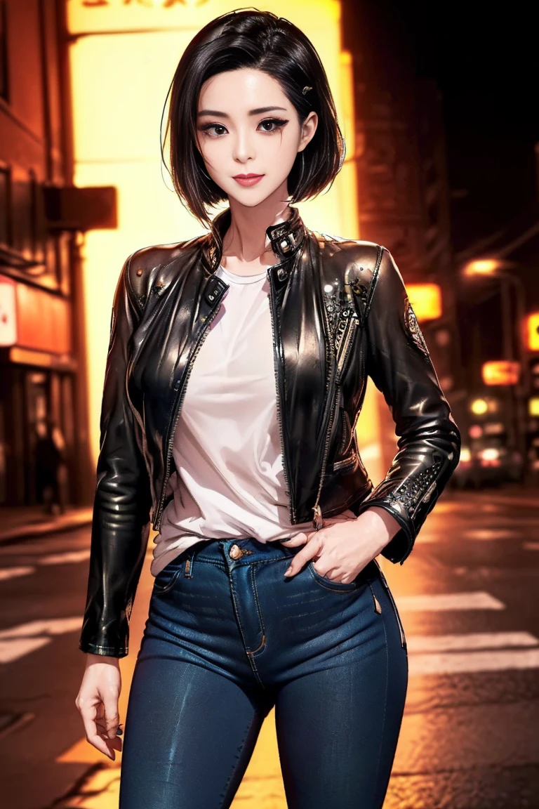 Girl, short hair, rock style, leather outfit,linger
