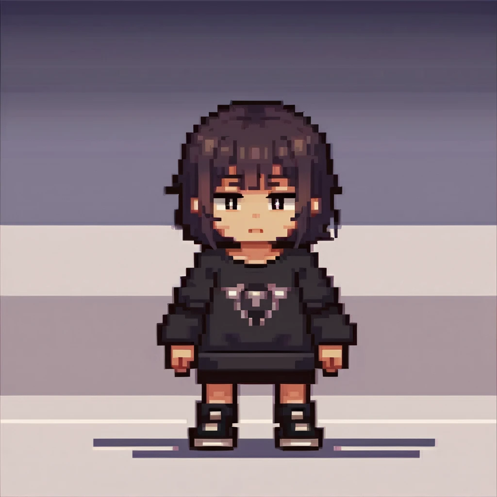 loli, short hair, dark hair, tan, green eyes, black sweater, bare legs,