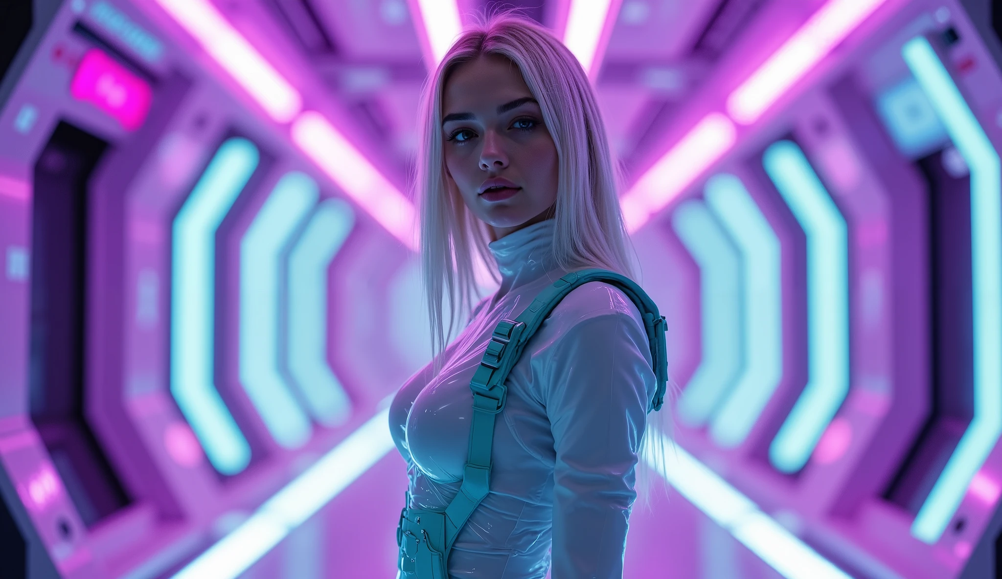 A beautiful German woman with straight blonde hair, a small head, and realistic, glowing oily skin texture. She wears white ceramic sports underwear, paired with an intricate turquoise harness, and a futuristic corset made of reinforced plastic and ceramic leather (1.37). Her outfit covers a minimal surface area (2.0), emphasizing the beauty of minimalism. She stands confidently in the center of a neon-lit spaceship, illuminated by dynamic violet and white lights that highlight the reflective surfaces of her attire. Her graceful and elegant posture and serene expression complete the futuristic aesthetic. Full-body shot, showcasing her proportions, sharp anatomical details, and the amazing complexity of her outfit and the environment.