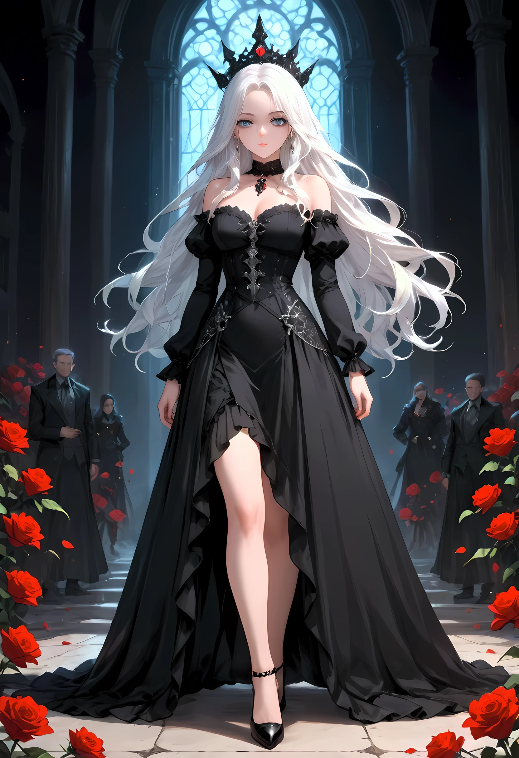 Arafed, Dark fantasy art, fantasy art, goth art, a picture of a goth woman, pale white skin, white hair, Ultra detailed face, Best Detailed face, black hair, long hair, wavy hair, blue eyes, she wears a black leather dress, there are roses imprinted on the dress, red roses, high heels, full body shot, dark glamour shot, dark castle, dark, black and color, Art Deco, hyp3rd3tail style, aidmafluxpro1.1, gothicstylenext