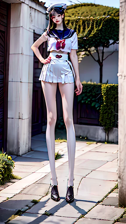 Woman in white dress sitting on a bench in front of bushes, wearing white clothes, wearing white skirt, dressed in a beautiful white, very beautiful slim legs, white skirt and barechest, wearing a wet white short dress, Dressed in white, Beautiful slim legs, gorgeous chinese models, Beautiful legs, cute elegant pose, wearing a cute white dress,Real human skin,high-heels